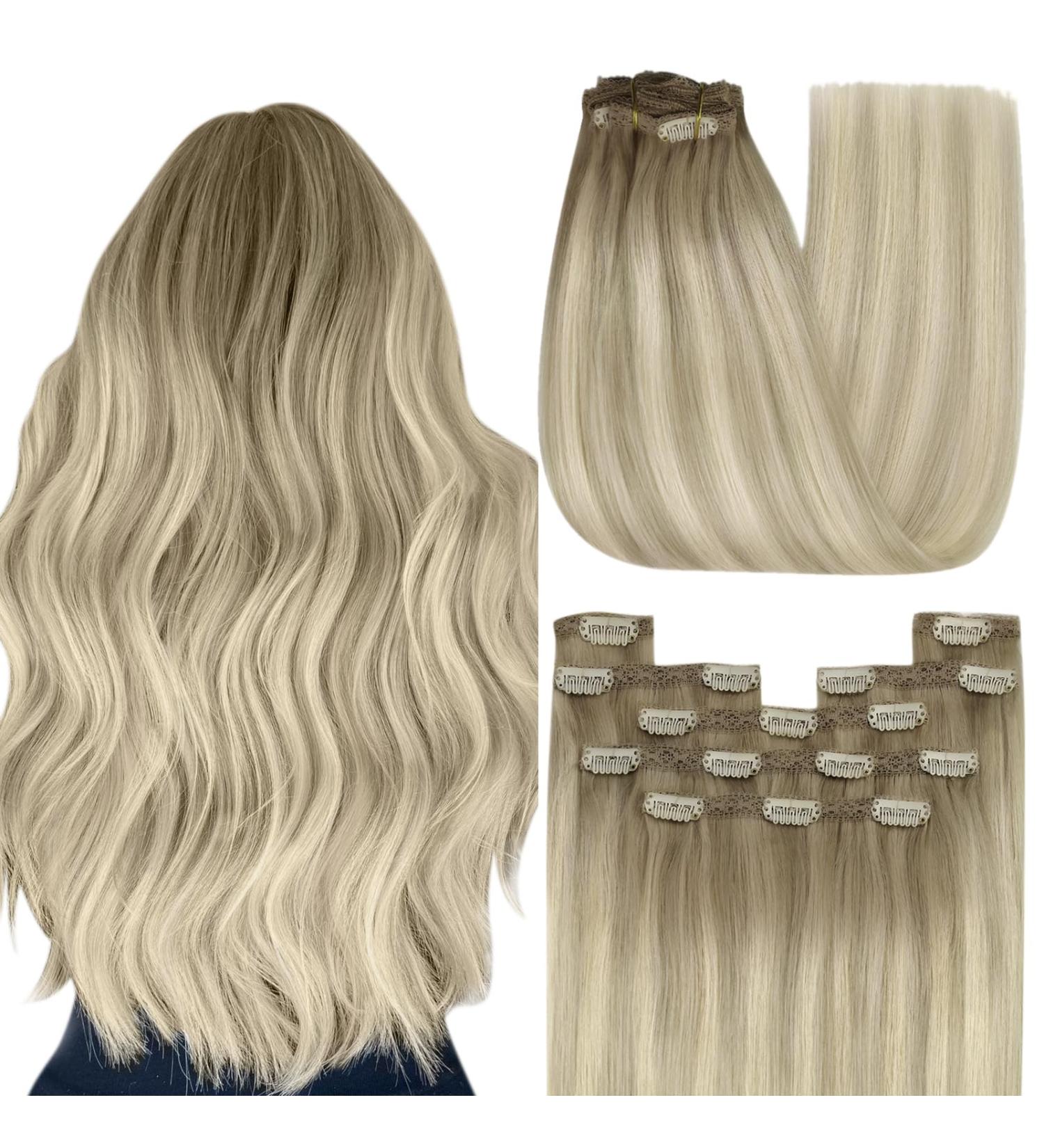 Youngsee 40cm Clip-In Ombre Hair Extensions | Real Remy Hair | Dark Ash Blond & Platinum Blonde | 120g 7PCs - Buy Online on SooperMarket.com