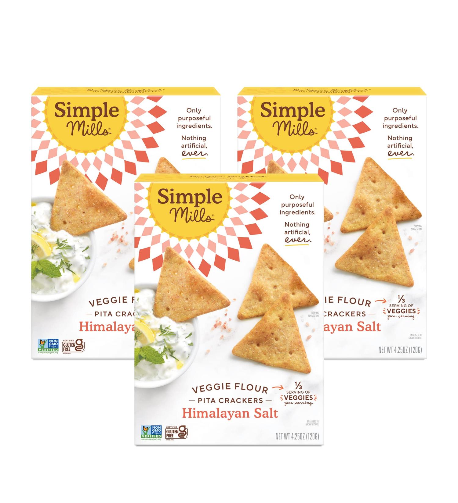 Simple Mills Veggie Flour Pita Crackers - Himalayan Salt, Gluten-Free, Vegan Paleo Friendly Snack, 4.25oz (Pack of 3) - Buy Online on SooperMarket.com
