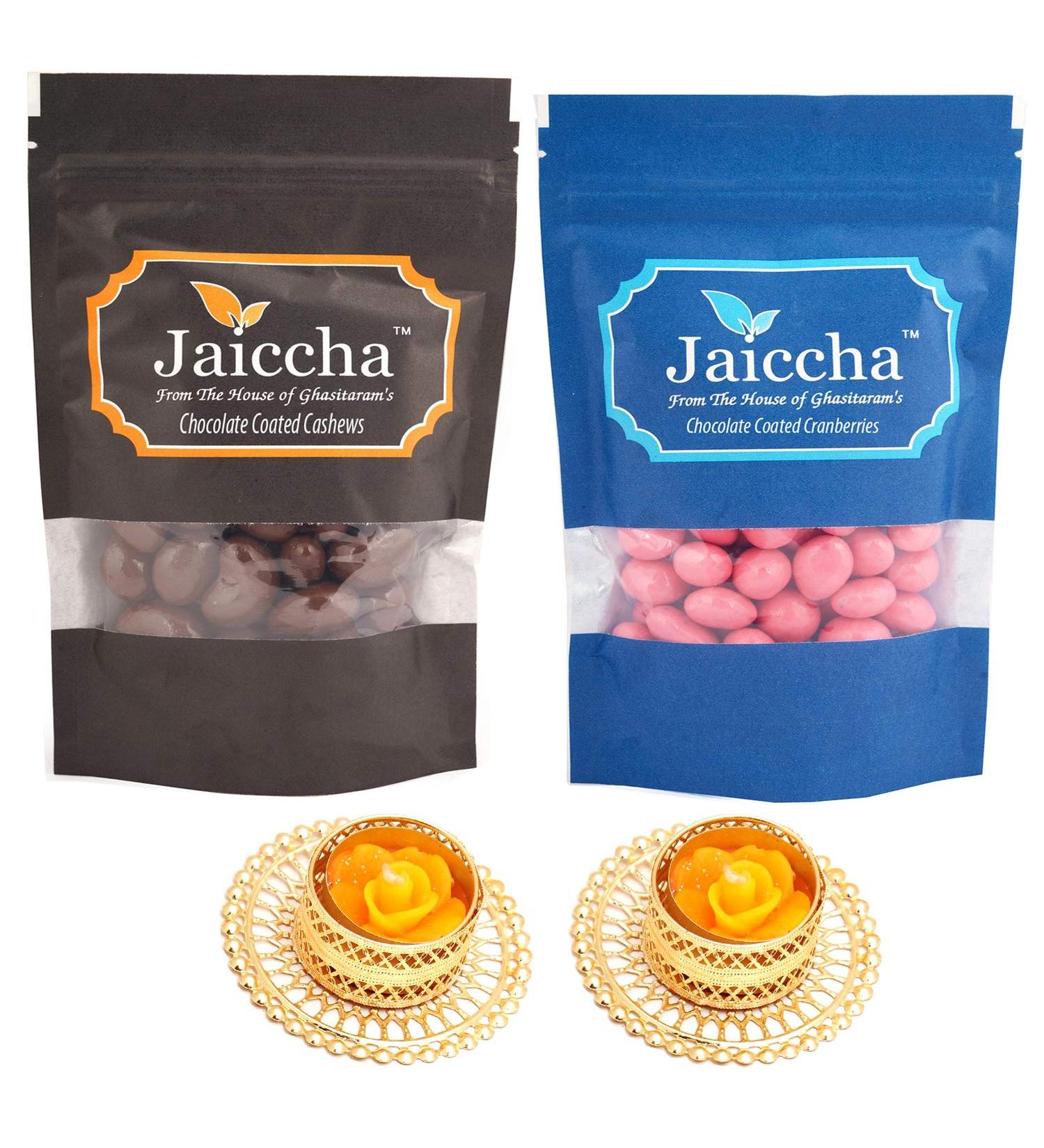 Jaiccha Ghasitaram Diwali Gifts Chocolate - Chocolate Coated Cashews 100 GMS and Cranberries 100 GMS with 2 T-Lites - Buy Online on SooperMarket.com