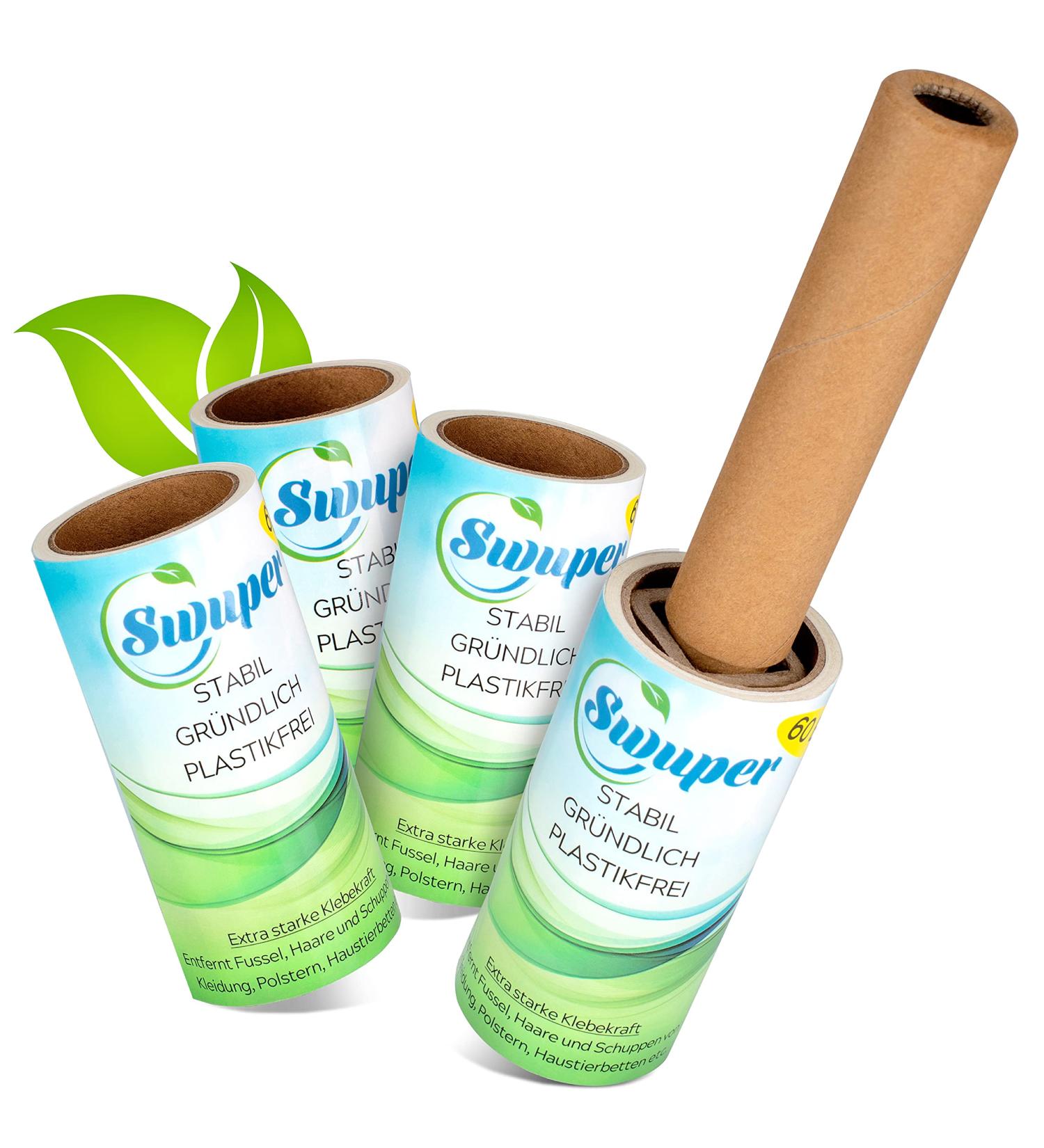 Swuper Plastic-Free Lint Roller - Sturdy & Strong 4 Rolls x 60 Sheets - Eco-Friendly with Handle | 240 Sheets Total - Buy Online on SooperMarket.com