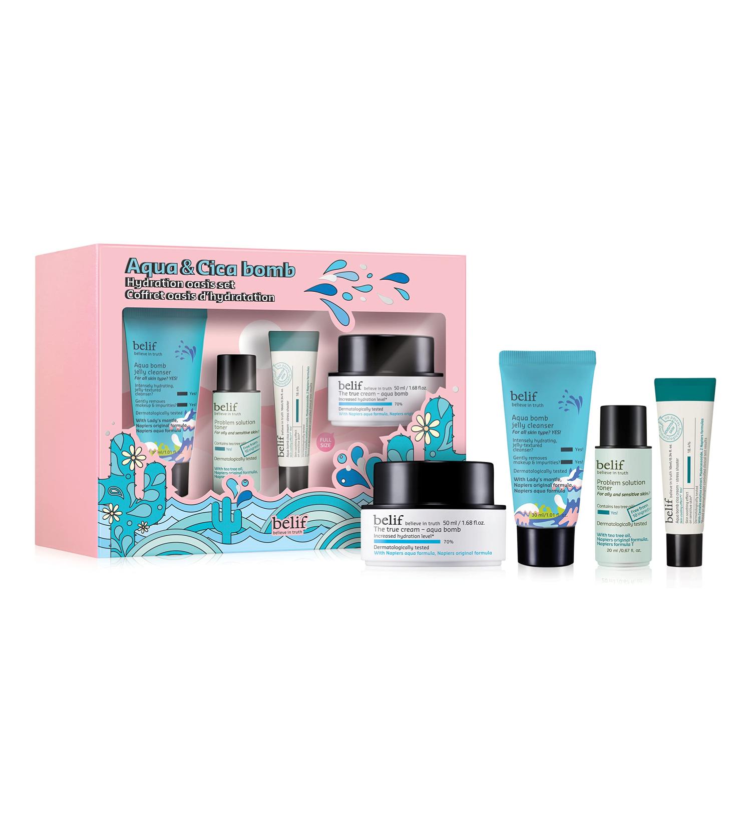 Belif Aqua Bomb & Cica Bomb Soothing Set | Hydrating Skincare Kit for All Skin Types | Includes Aqua Bomb, Cica Bomb, Jelly Cleanser, Problem Solution Toner - Buy Online on SooperMarket.com
