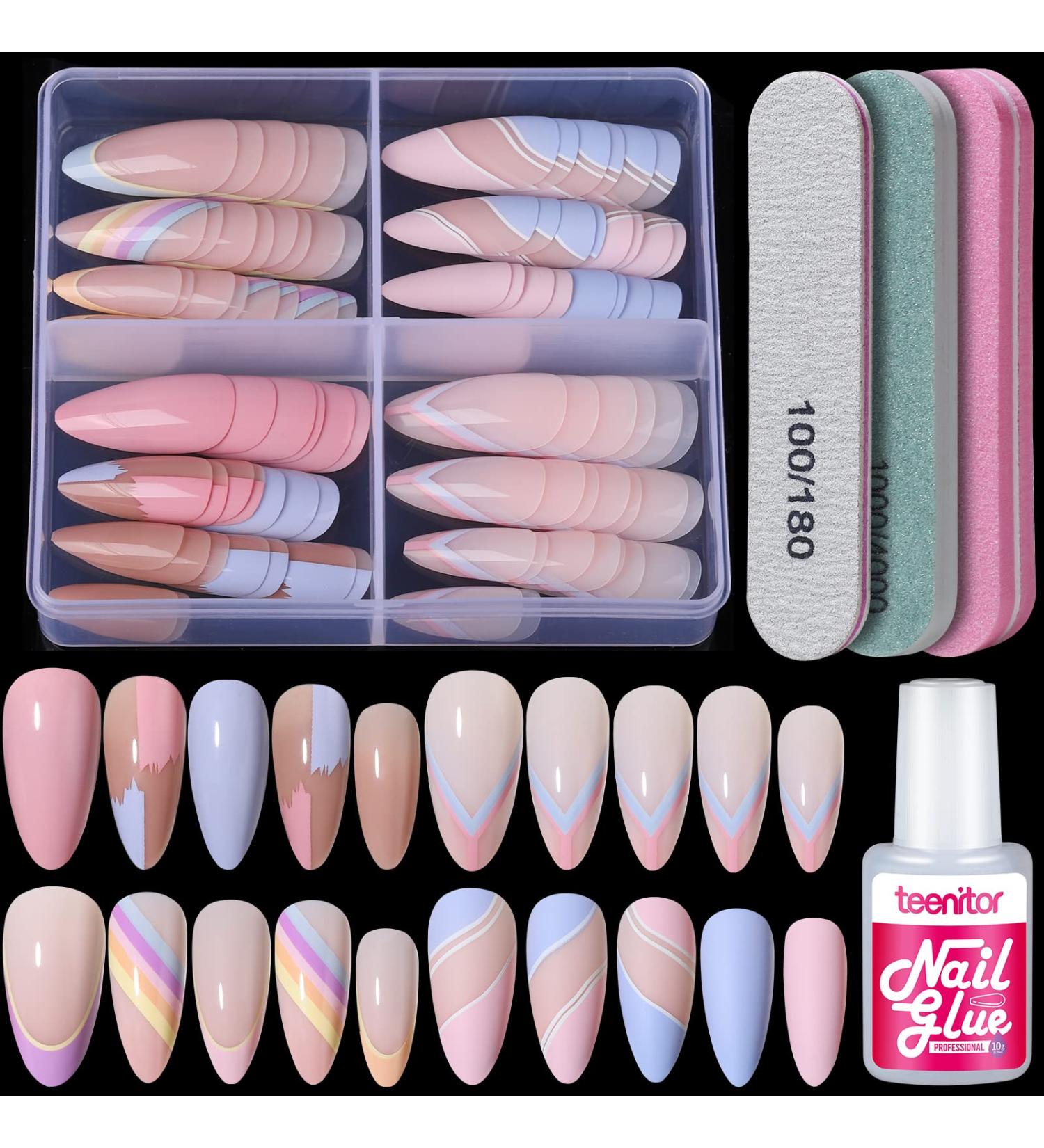 Teenitor Almond Press on Nails Set - 4 Styles, Medium Length, Matte Finish, Full Cover Acrylic False Nails with Glue and File - for Women and Girls - Buy Online on SooperMarket.com