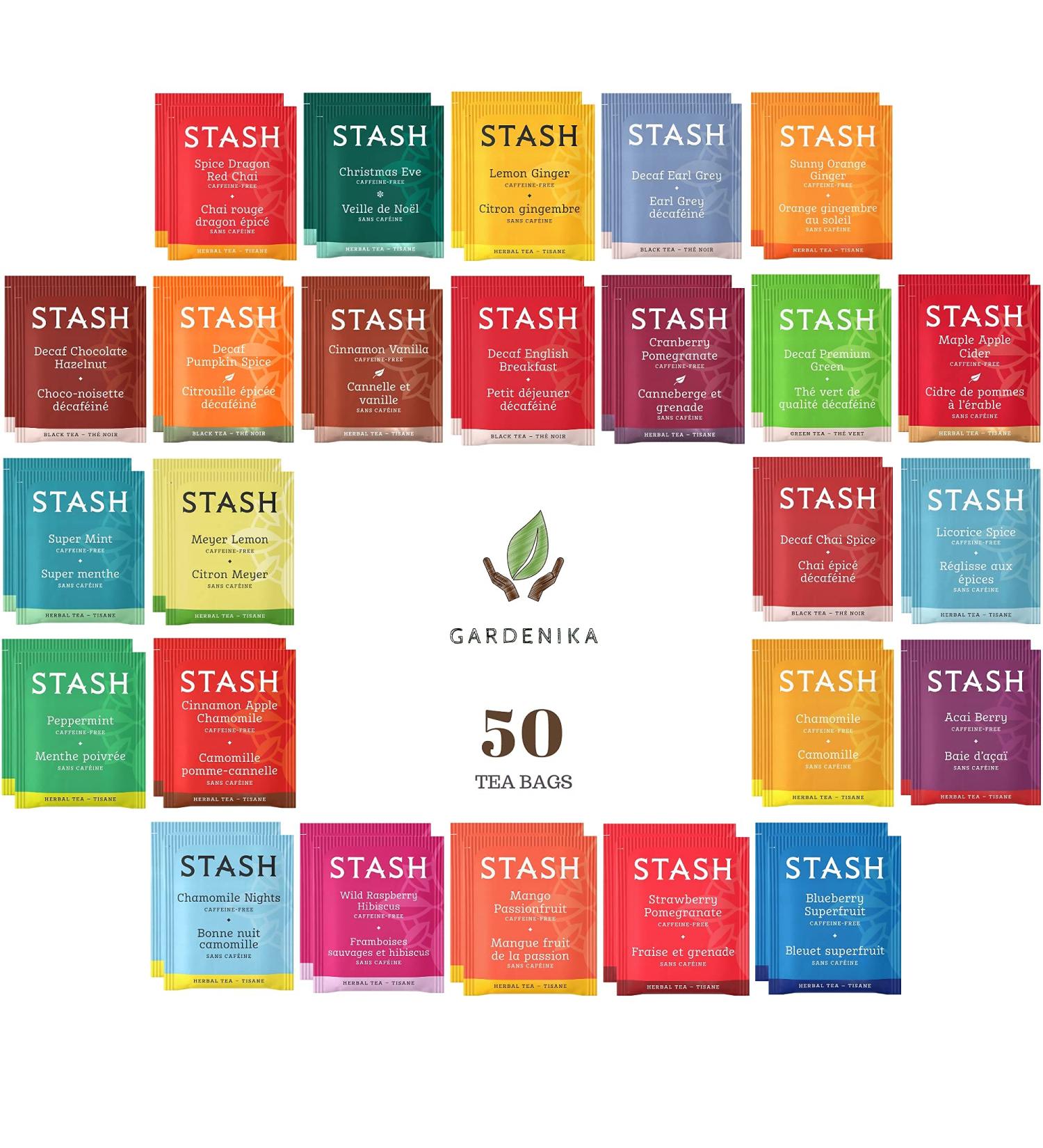Stash Tea Bags Variety Pack - Herbal & Decaf Assorted Teas - 50 Ct - 25 Flavors - Handmade Cotton Pouch - Caffeine-Free & Decaf - Tea Sets for Men and Women - Buy Online on SooperMarket.com