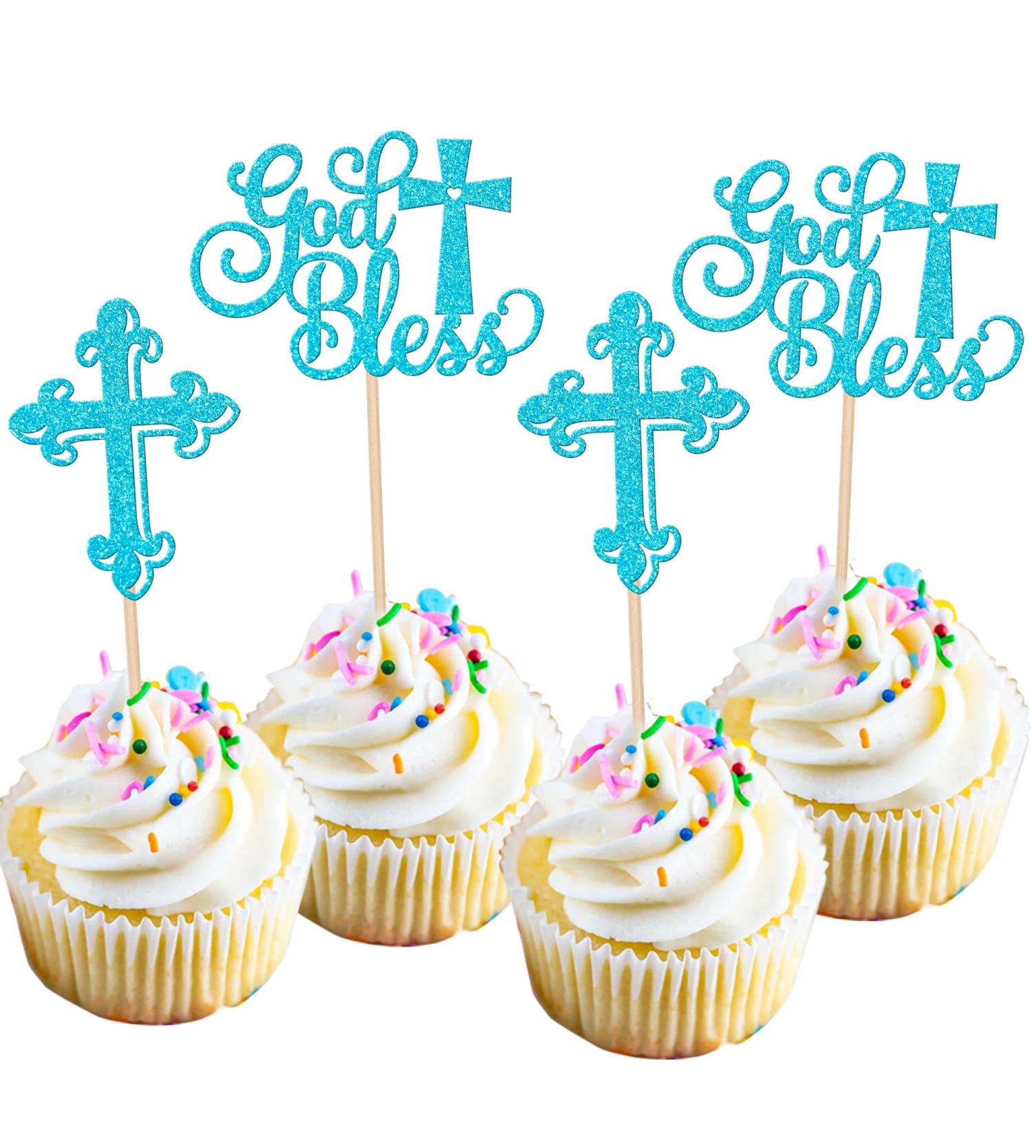 Rsstarxi 24 Pack God Bless and Baptism Cupcake Toppers Glitter Cross God Bless Cupcake Picks Decorations for Babyshower Christian First Communion Baptism Party Cake Decorations Blue - Buy Online on SooperMarket.com