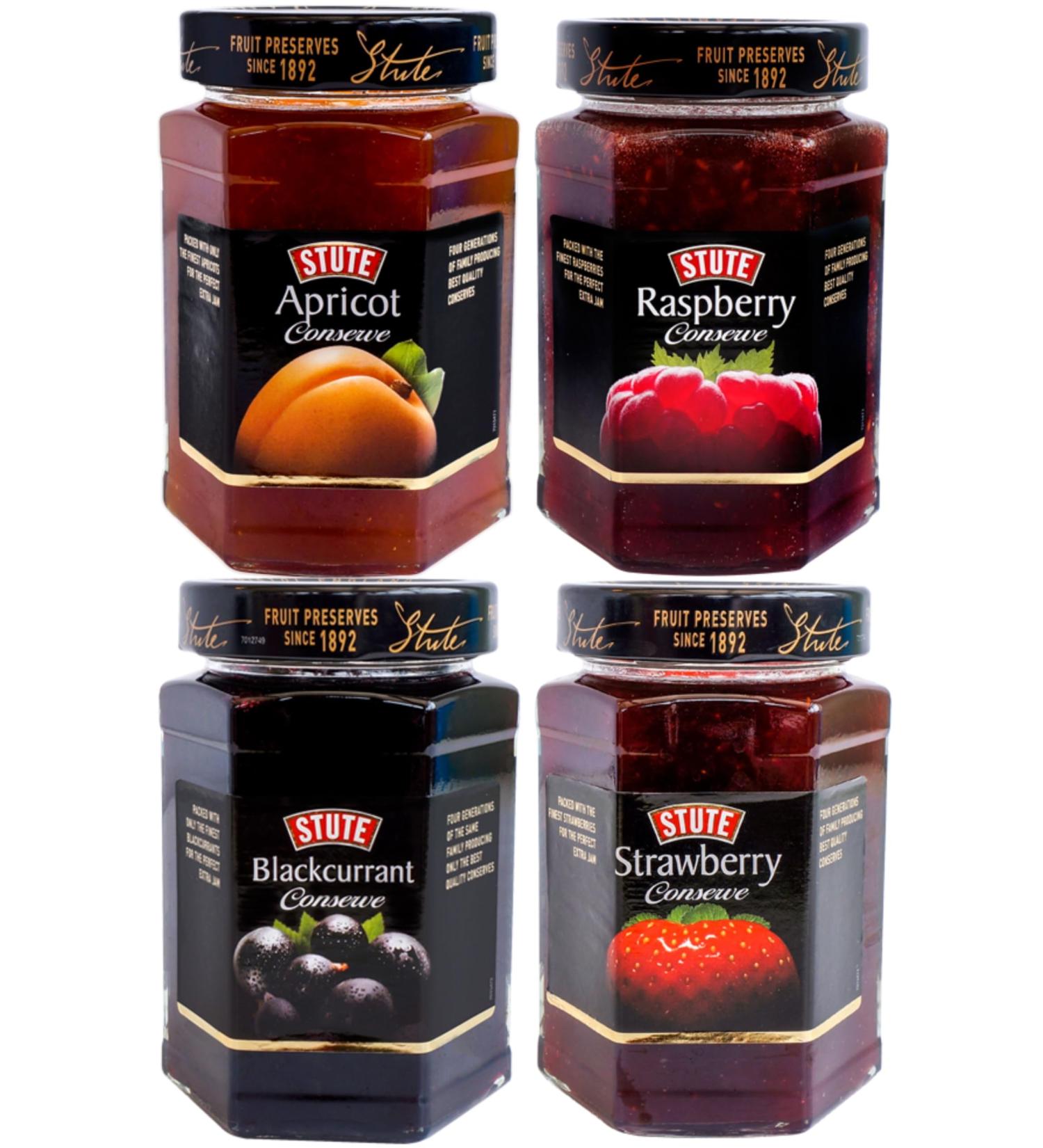 Stute Premium Natural Fruit Conserve Selection Pack - 4 Jars x 340g Each - Apricot Blackcurrant Raspberry and Strawberry - Breakfast Spread Assortment - Pure Fruit Flavours - Buy Online on SooperMarket.com