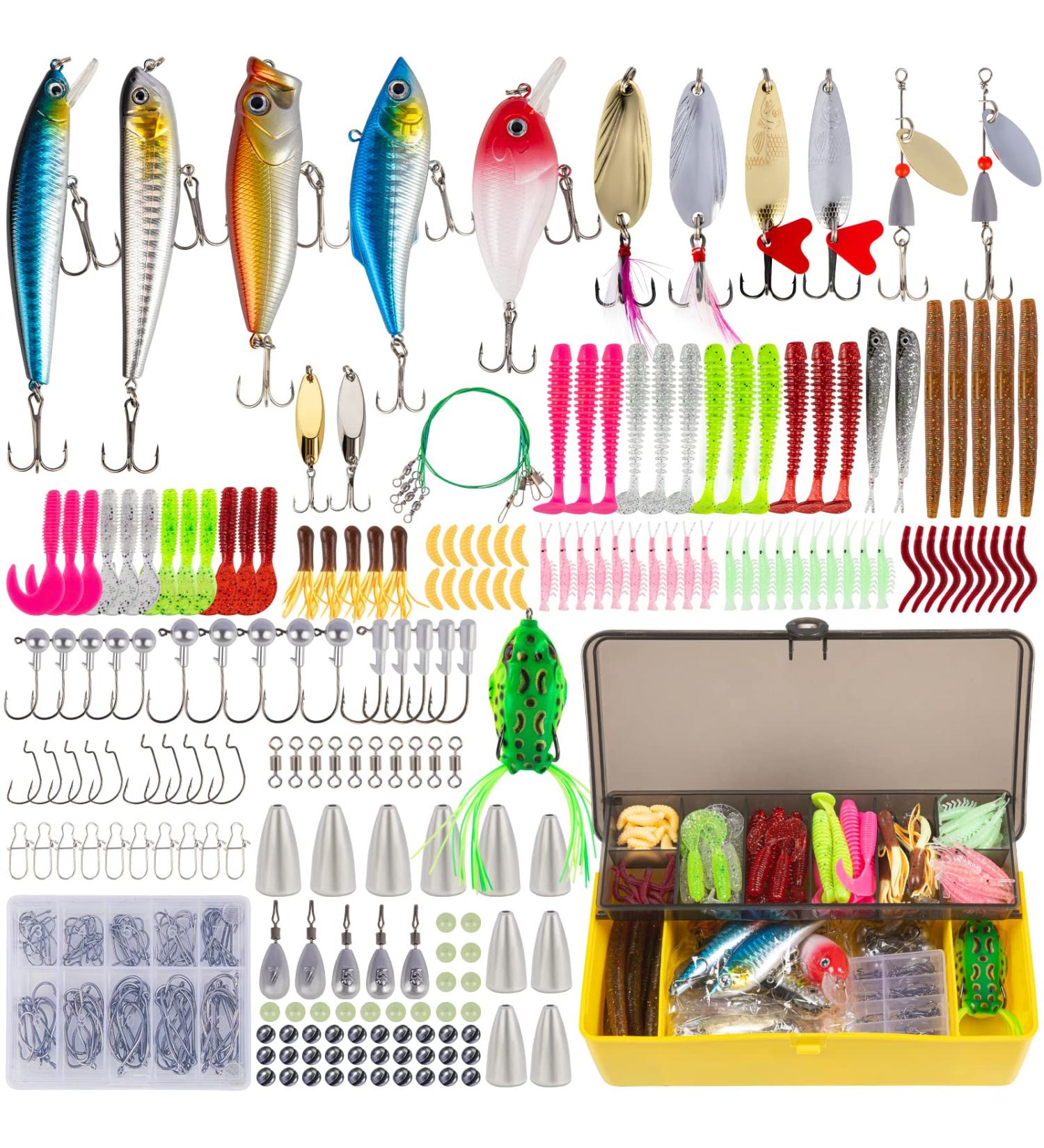 302 Pcs Fishing Lures Set - GOANDO Fishing Gear Tackle Box for Bass Trout Salmon - Spoon Lures, Soft Plastic Worms, Crankbait, Jigs, Hooks - Fishing Attractants and Accessories for Successful Fishing - Buy Online on SooperMarket.com