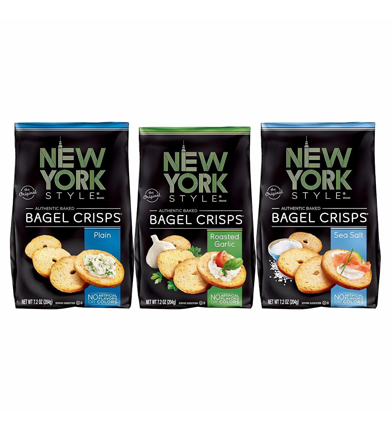 New York Style Bagel Crisps, Plain, Garlic, Sea Salt, 7.2 Ounce (Pack of 3)