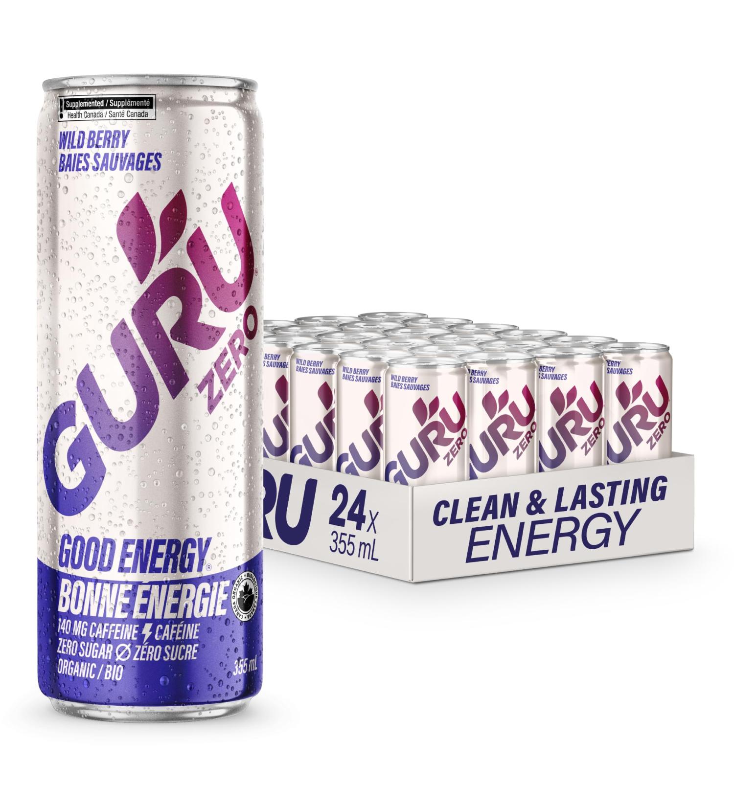GURU ZERO SUGAR Wild Berry Organic Energy Drink with Plant Based Natural Caffeine from Green Tea Coconut Water Zero Added Sugars 140mg Caffeine Healthy Drinks 355mL (Pack of 24) - Buy Online on SooperMarket.com