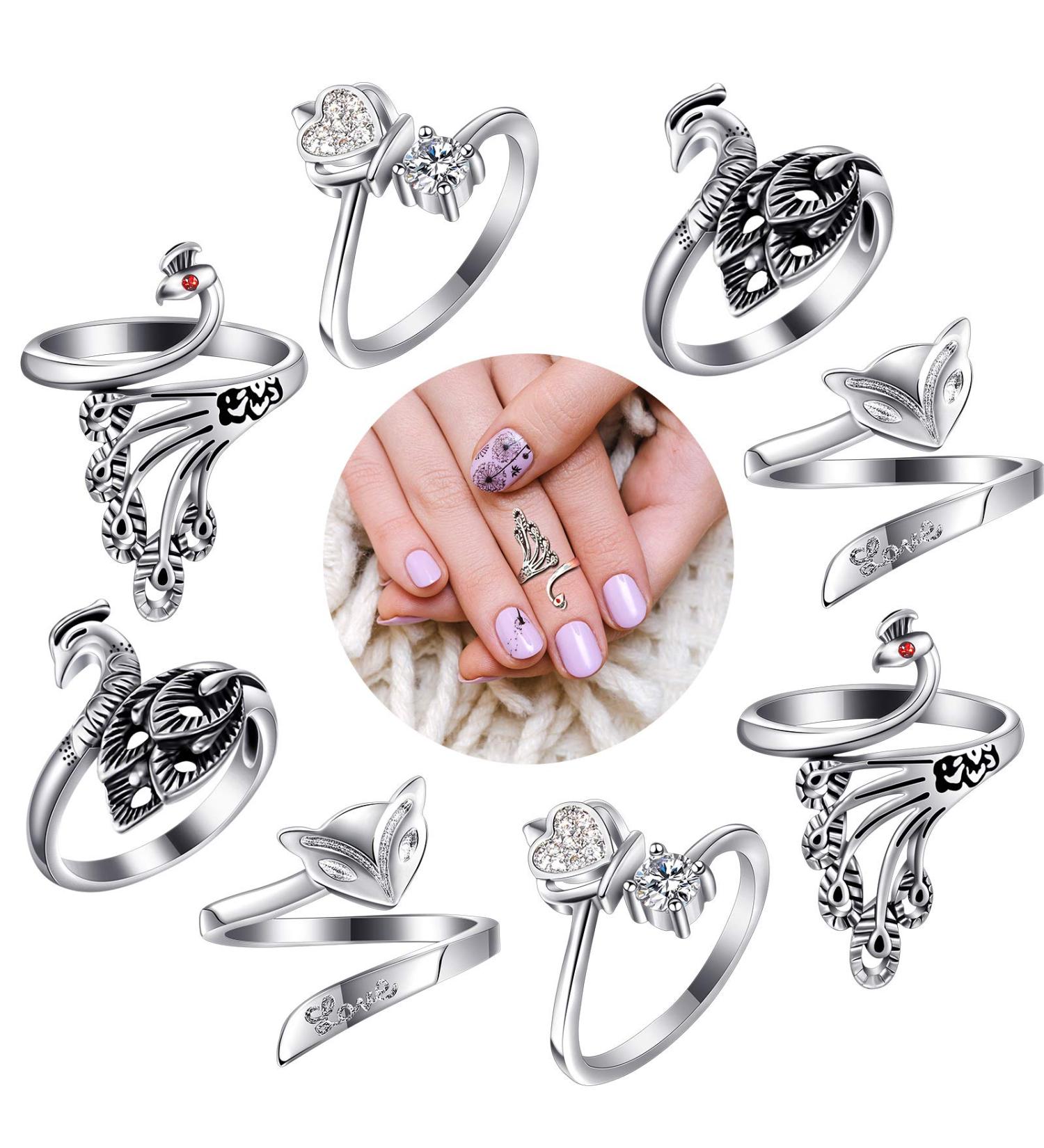 Adjustable Knitting Loop Crochet Ring Set - 8 Pcs Silver Braided Metal Yarn Holder and Finger Thimble for Crafts - Buy Online on SooperMarket.com