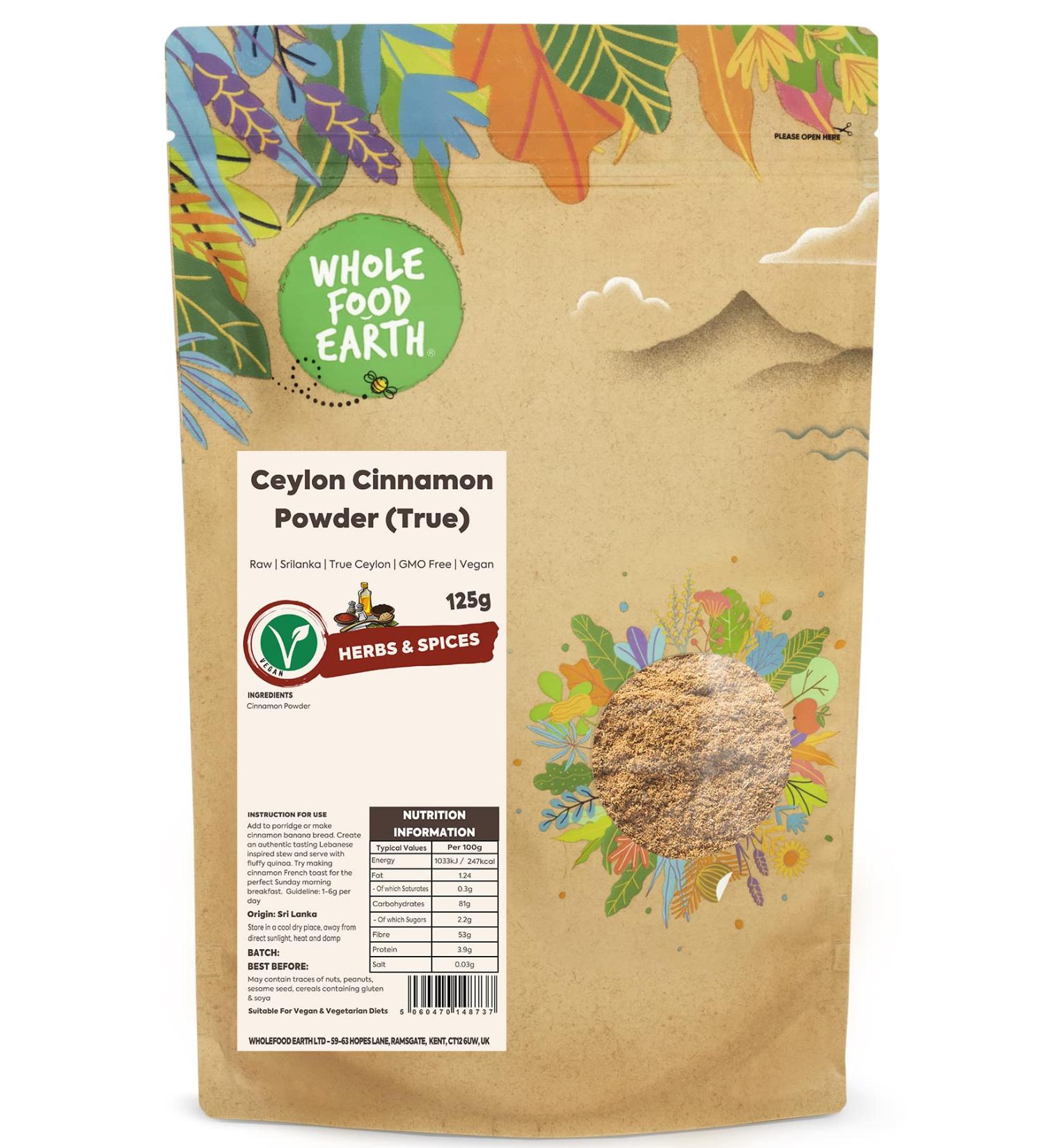 Wholefood Earth Ceylon Cinnamon Powder 125g - Raw & GMO Free - True Ceylon from Sri Lanka - Buy Online on SooperMarket.com