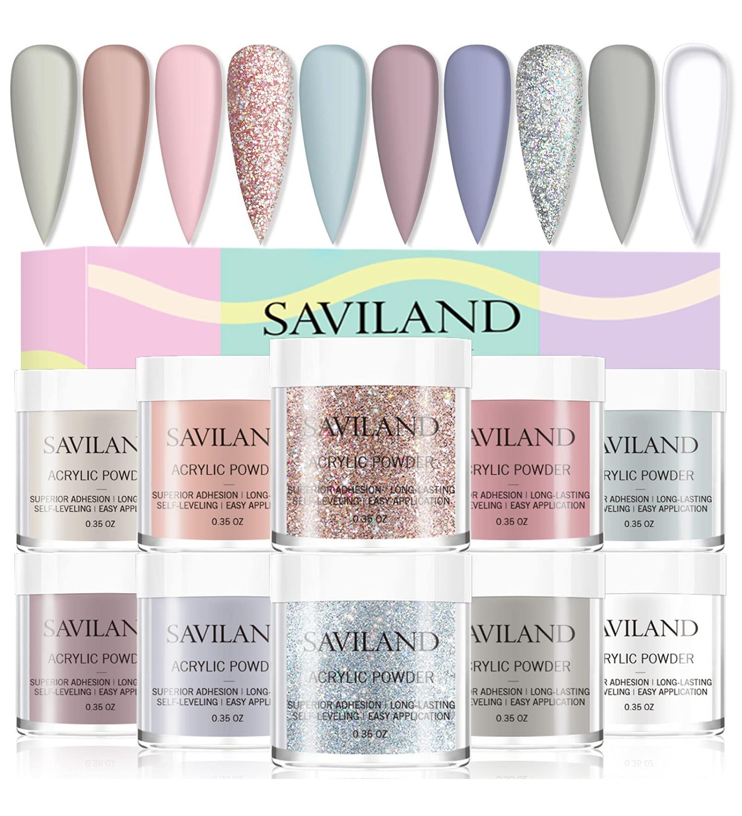 Saviland 10 Colors Acrylic Powder Set - Professional Polymer Colored Acrylic Nail Powder for Nail Extension - Glitter White Pink - No Nail Lamp Needed - Buy Online on SooperMarket.com