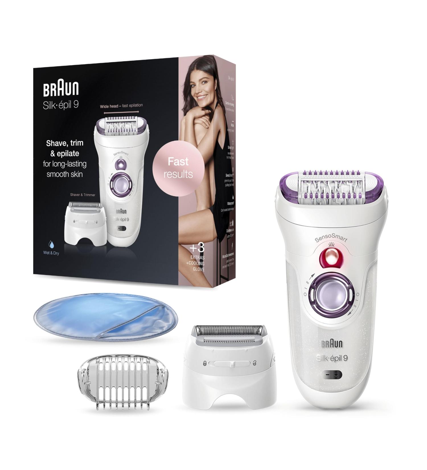 Braun Silk- pil 9 Epilator: 40 Tweezers, Electric Shaver & Trimmer, Cooling Glove, Wet & Dry, 100% Waterproof - White/Purple SES 9-710 - Buy Online on SooperMarket.com