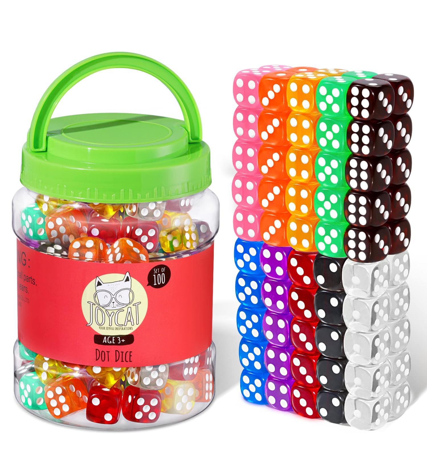 JoyCat 100 16mm 6 Sided Dice Set - Standard Game Dice for Kids and Classroom - 10 Translucent Colors with Storage Bucket - Buy Online on SooperMarket.com