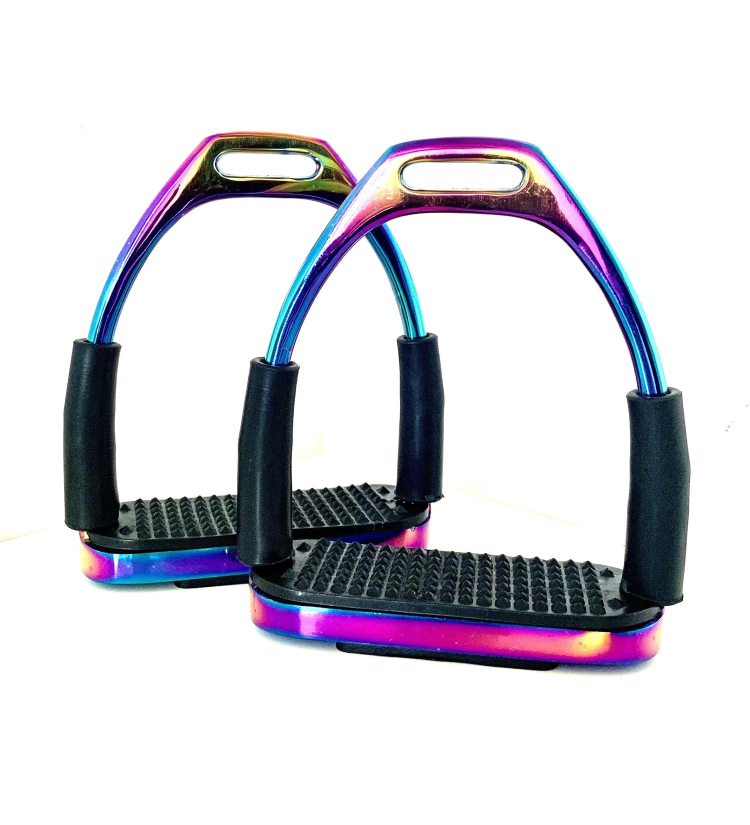 ExtremE RAINBOW GLOSS FILLIS SAFETY FLEXI BENDY STIRRUPS HORSE RIDING S/STEEL WITH BLACK TREADS 4.75" 12cm - Buy Online on SooperMarket.com