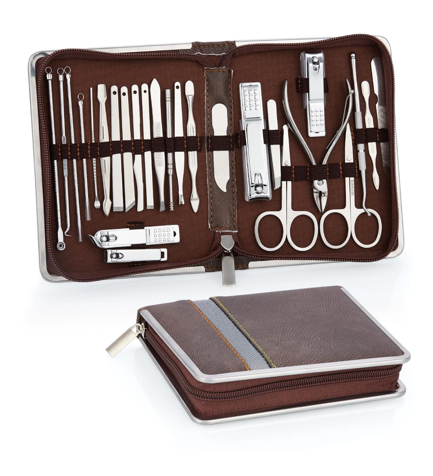 Coolzon 26-Part Professional Nail Clip Set | Stainless Steel Manicure & Pedicure Tools | Advanced Zip Pocket Design - Brown - Buy Online on SooperMarket.com