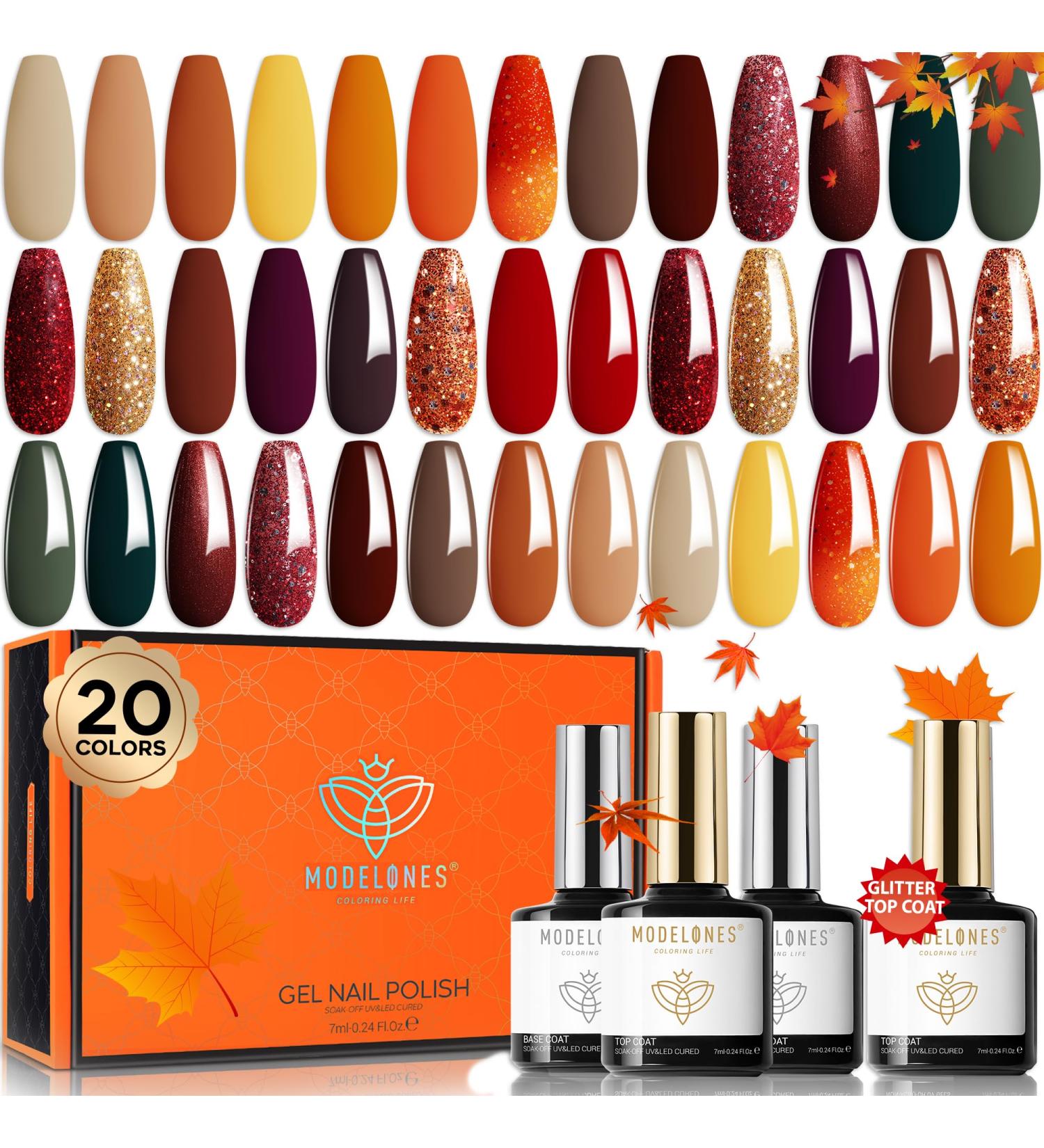 Modelones 20 Colors Gel Nail Polish Kit - Fall Winter Soak Off Set with Glitter Glossy & Matte Top Coats for DIY Manicure at Home A-1 Cozy Campfire - Buy Online on SooperMarket.com