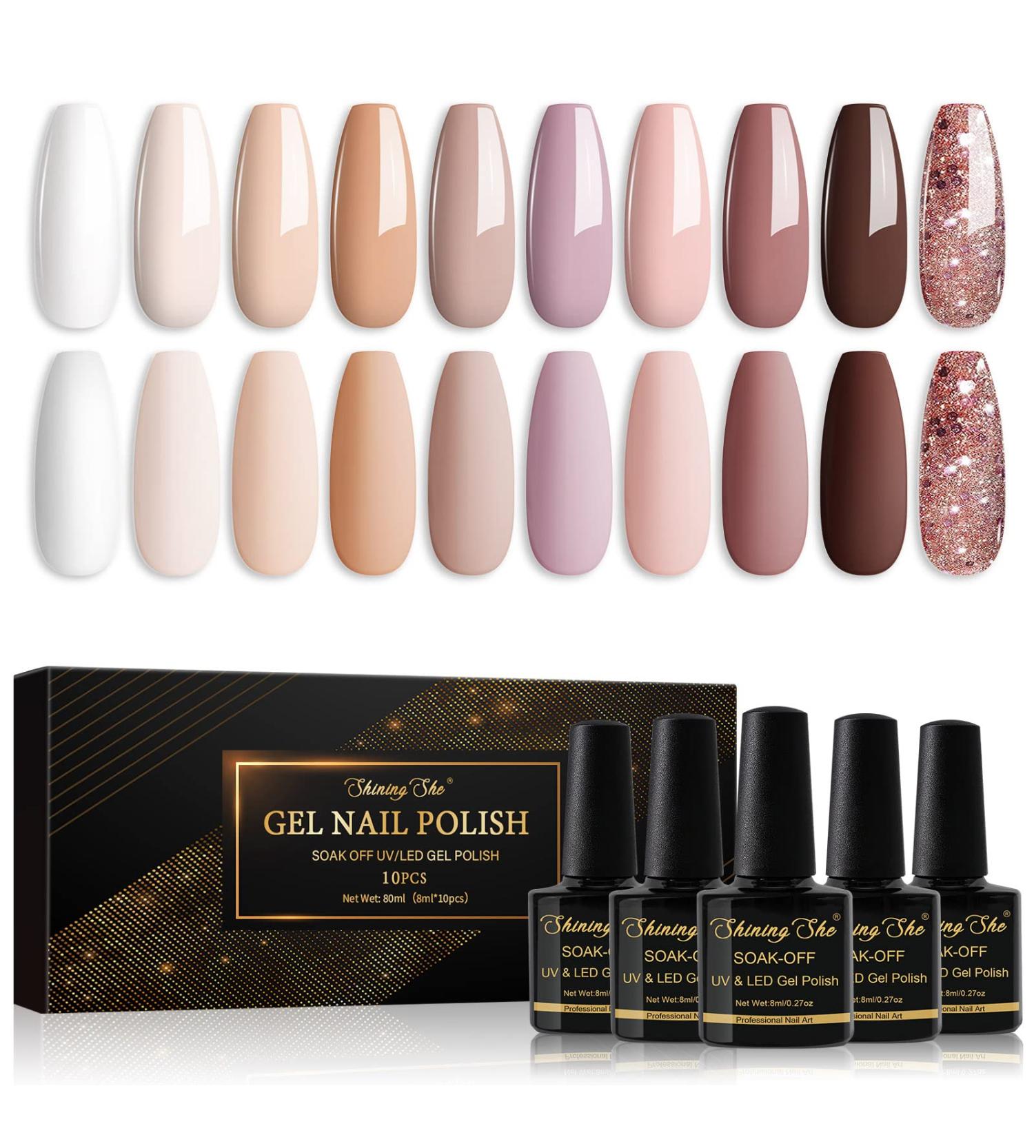 Shining She Gel Nail Polishes Set - 10 Colors Nude Pink White Champagne Brown Glitter Gold - Soak-Off UV/LED - 8ML Nude Brown Gift Set for Nail Art Salon & Home DIY - Buy Online on SooperMarket.com
