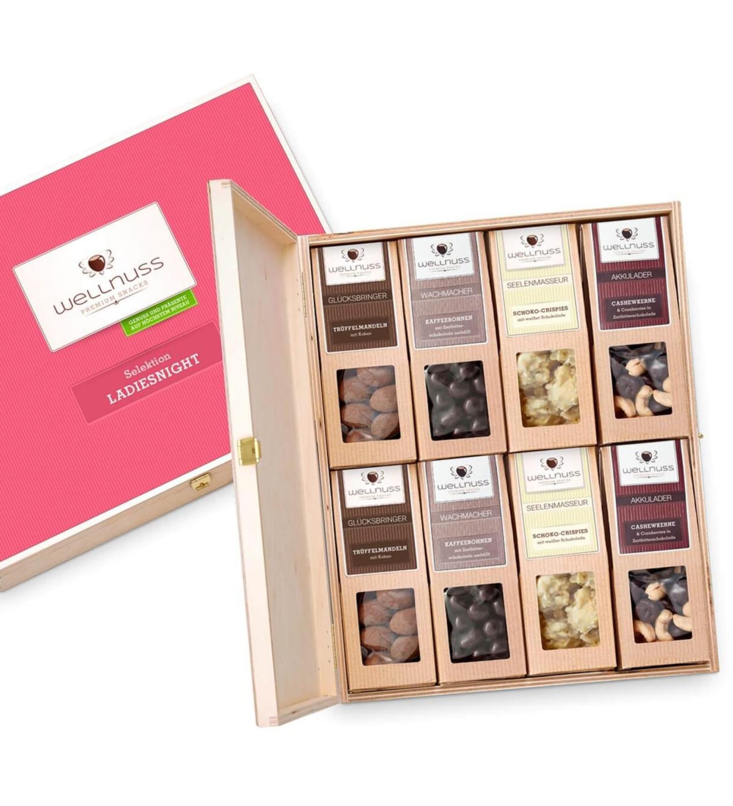 Wellnuss Ladiesnight Gift Set | Premium Nut & Chocolate Snacks for Women | Perfect Gift for Girlfriend Mother Sister - 8 Snacks in Birch Wood Box - Buy Online on SooperMarket.com