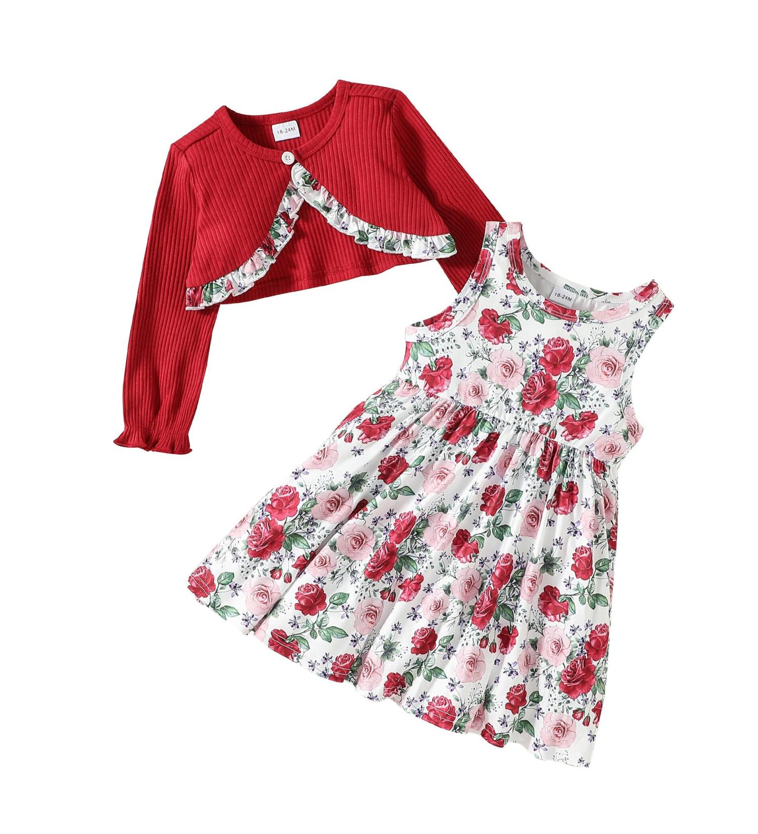 Puseky Toddler Girl 2-Piece Floral Dress & Ribbed Cardigan Set, 5-6 Years, Wine Red - Buy Online on SooperMarket.com