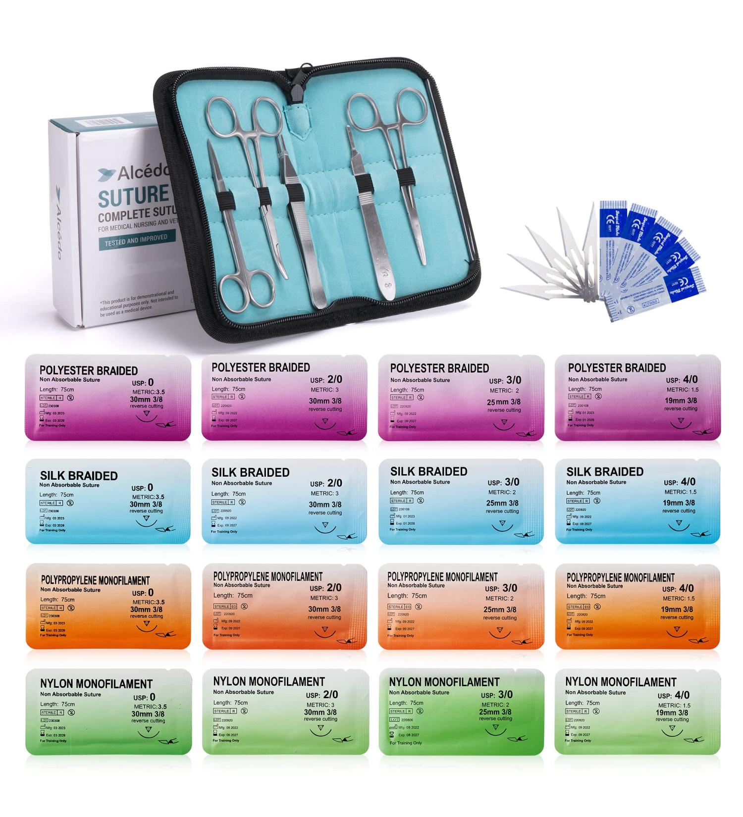 Alcedo Sterile Sutures Kit - 16 Mixed Thread & Needle Sizes with Tools - First Aid Emergency Supplies - 12 Instruments Included (28 Pieces) - Buy Online on SooperMarket.com