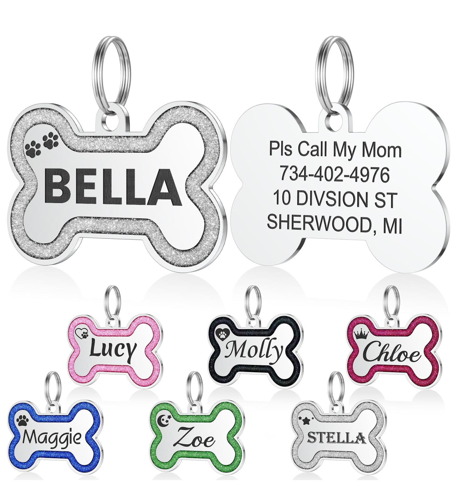 Yhananti Personalized Dog Tag - Engraved Stainless Steel Pendant for Small to Medium Dogs - Glitter Bones Design - Customize with Name Phone & Address (Gray Large) - Buy Online on SooperMarket.com
