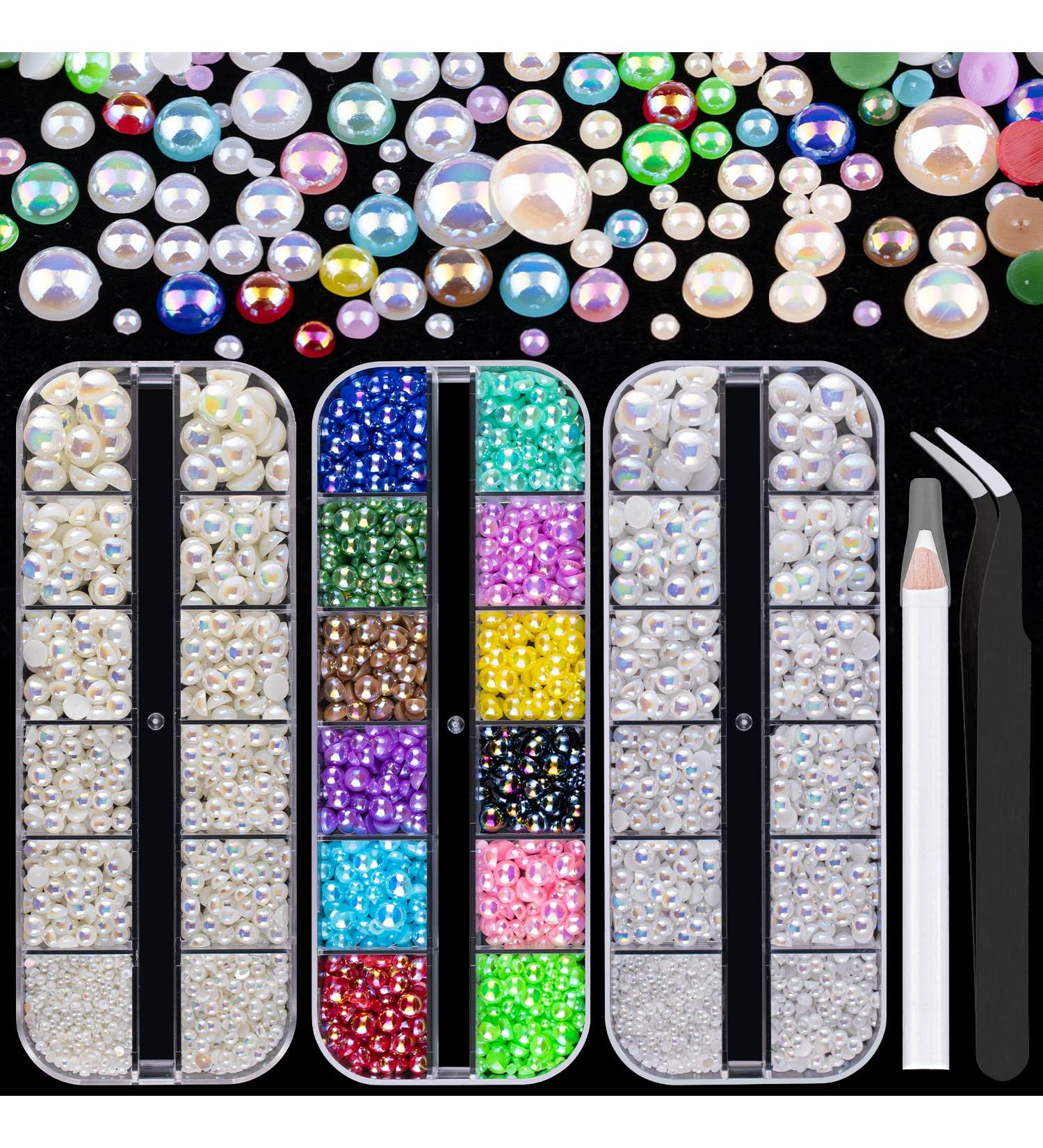 Flat Back Pearls Kit - 3800 Pcs, 3 Boxes, AB+ White AB+ Beige AB Half Round Pearls for Nail Art & DIY Crafts with Pickup Pencil and Tweezer - Buy Online on SooperMarket.com