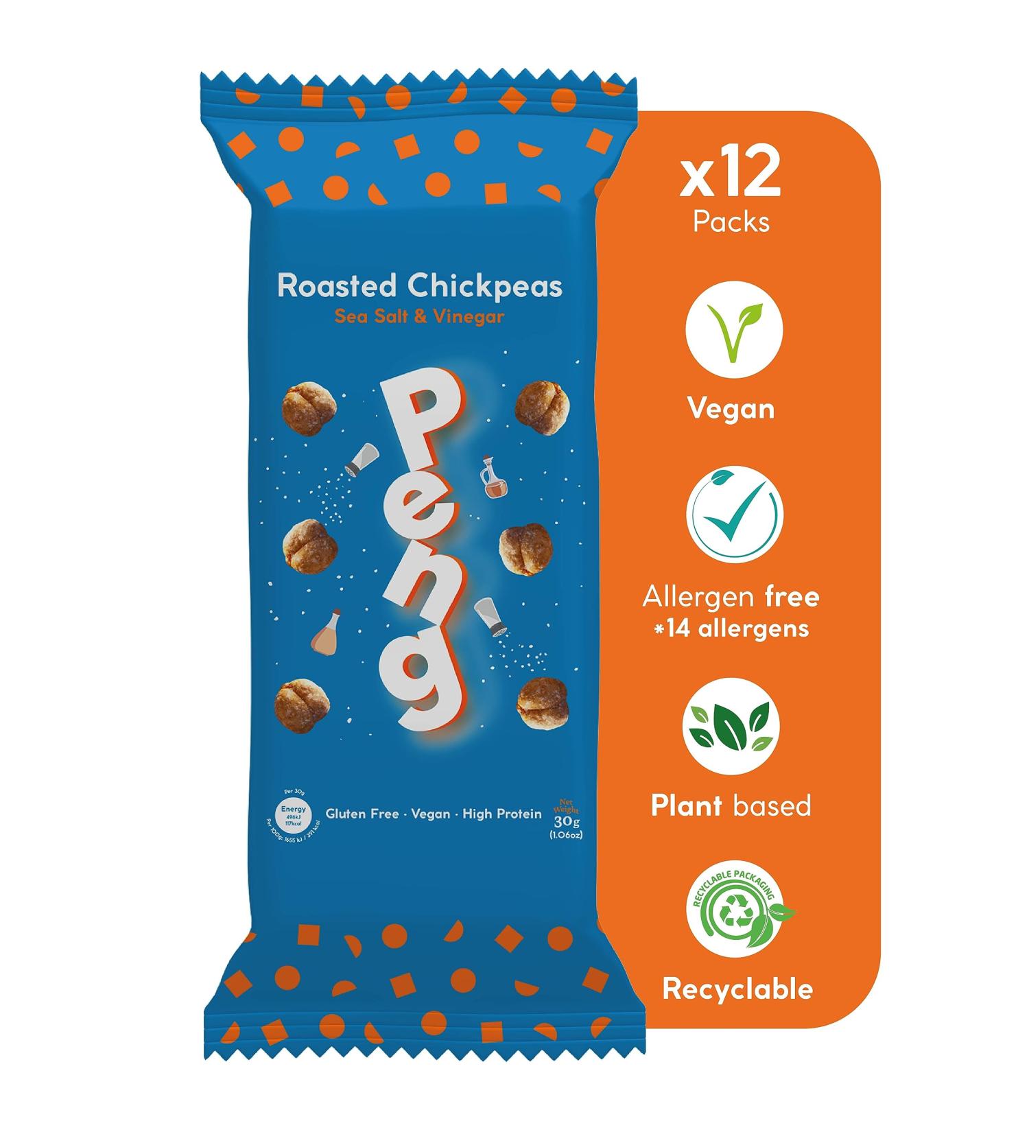 Peng Roasted Chickpeas Snack (Sea Salt & Vinegar) - High Protein Plant-Based Crunchy Snack (12 x 30g) - Buy Online on SooperMarket.com