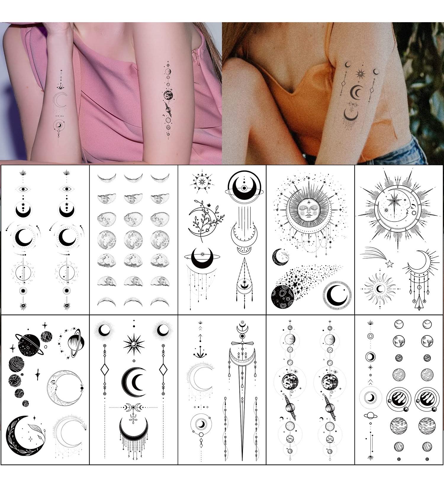 Esland Realistic Moon Sun Stars Space Planets Chain Temporary Tattoos | Vertical Spine Tattoo Stickers for Women Men - Buy Online on SooperMarket.com