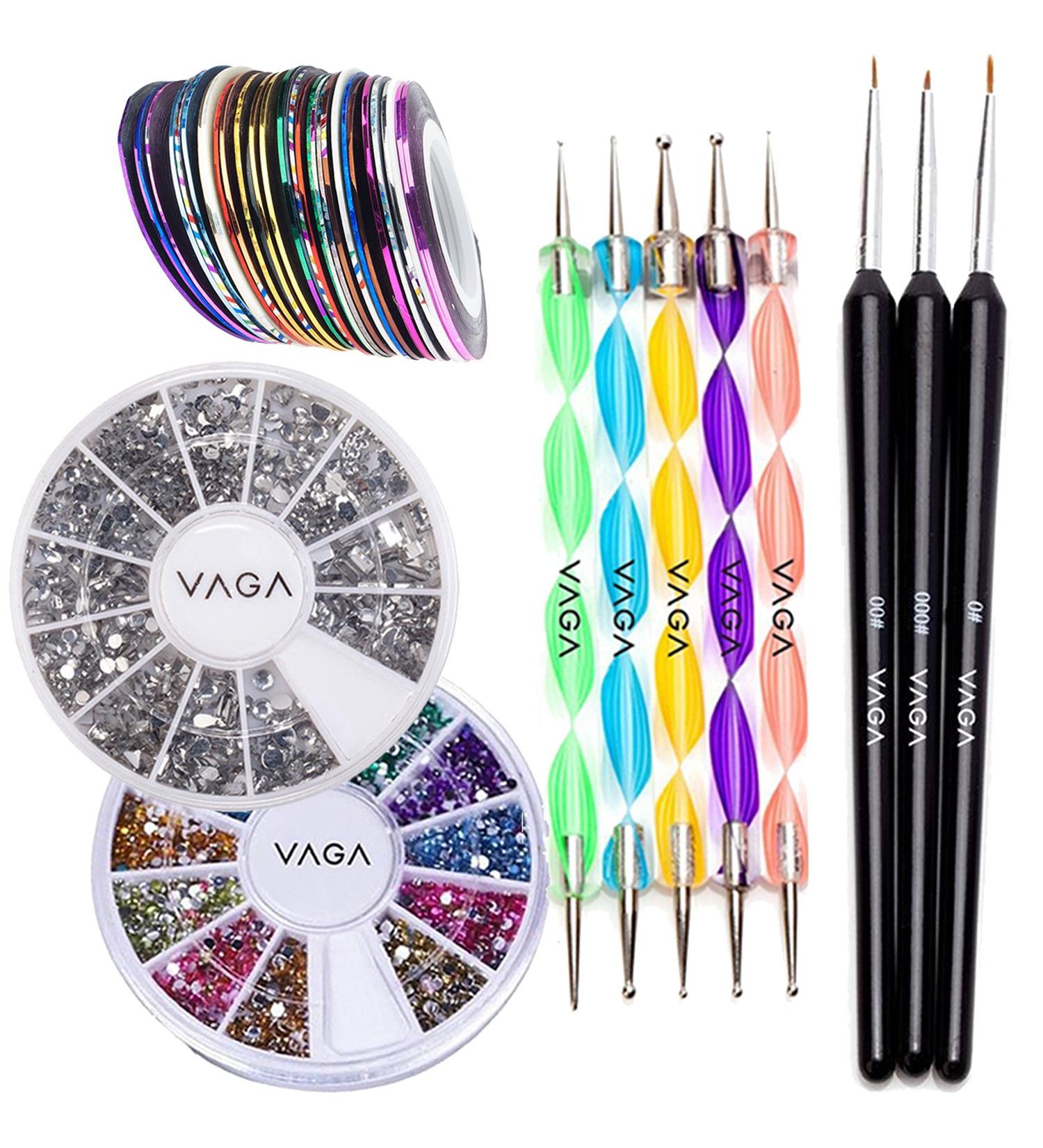 Premium Nail Art Accessories Kit: 5 Double-Ended Dotting Tools 3 Detail Brushes 2000 Silver Decorations & 10 Decorative Strips for Stunning Nail Designs - Buy Online on SooperMarket.com