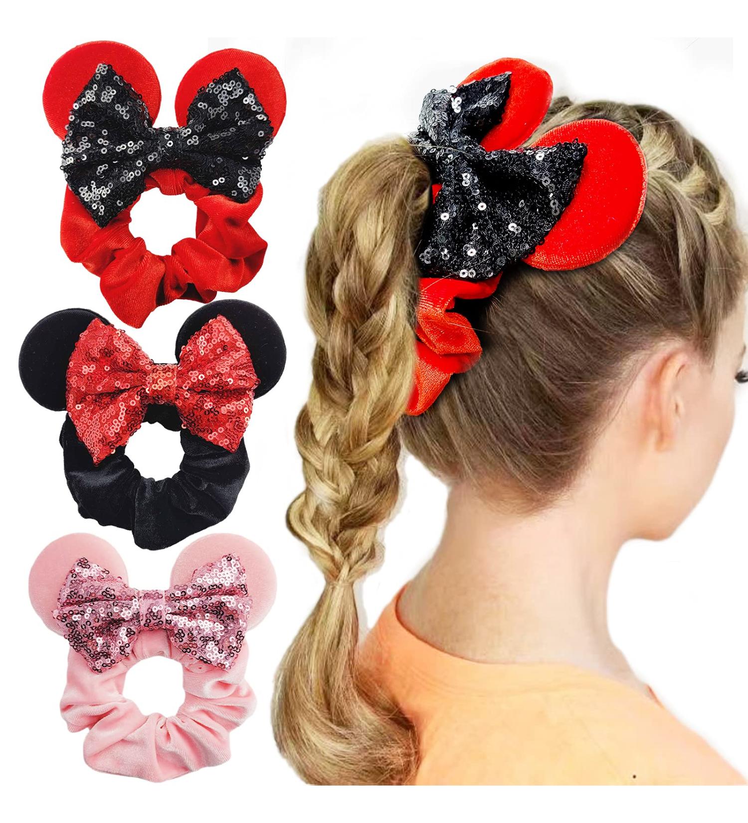 Mouse Ears Sequin Velvet Hair Scrunchies Set - Black, Red, Pink - Buy Online on SooperMarket.com