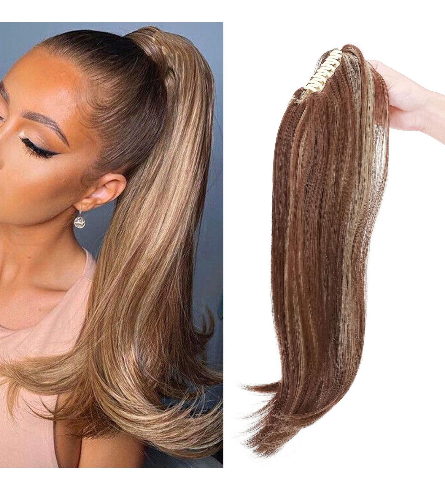 Curly Clip-In Ponytail Extensions - 55cm Wavy Synthetic Hair in Light Brown & Ash Blond for Women - Buy Online on SooperMarket.com