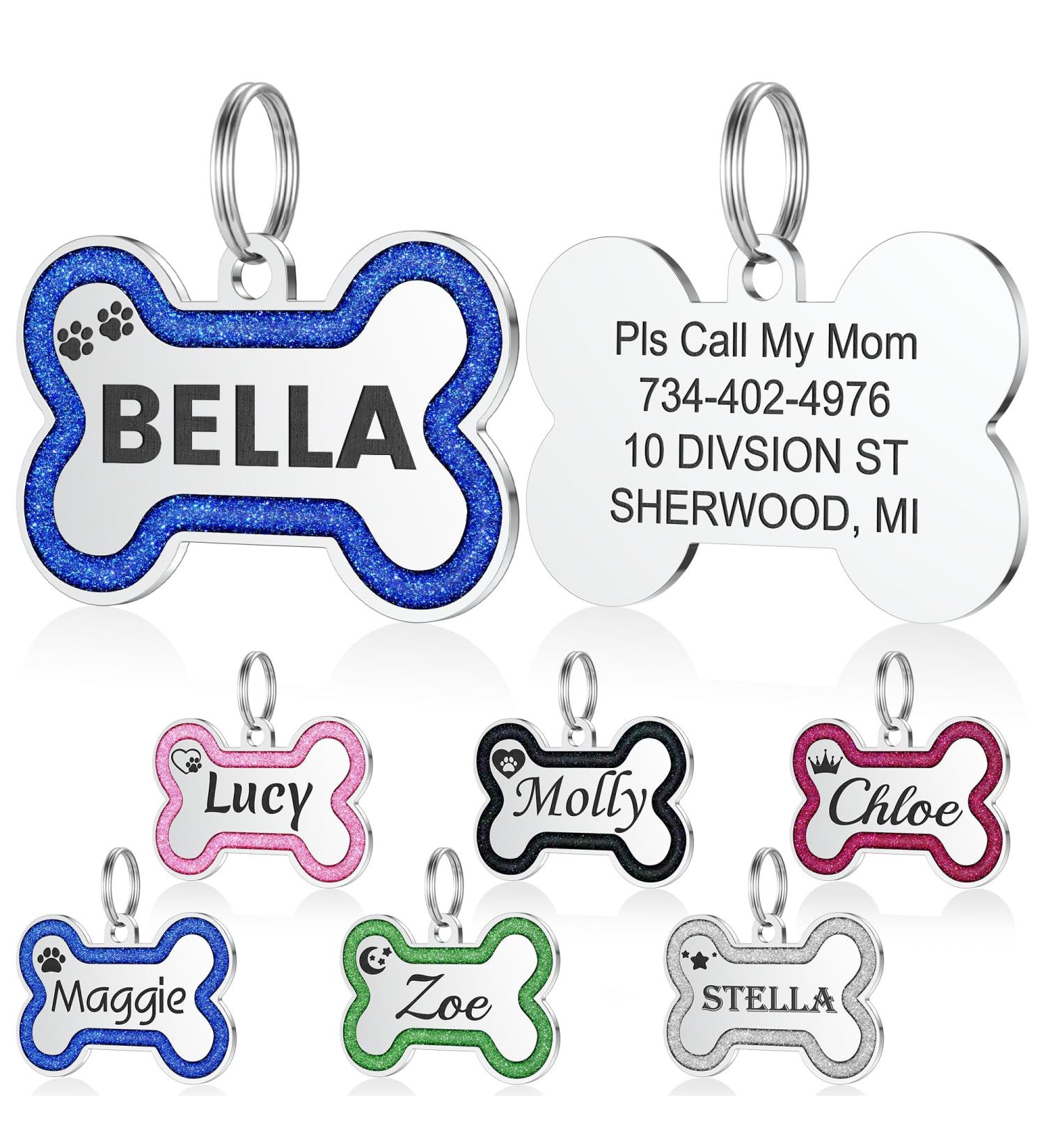 Yhananti Personalized Dog Tag - Engraved Pendant for Small to Medium Dogs - Glitter Bones Design | Stainless Steel - Custom Name Phone & Address - Blue Large - Buy Online on SooperMarket.com