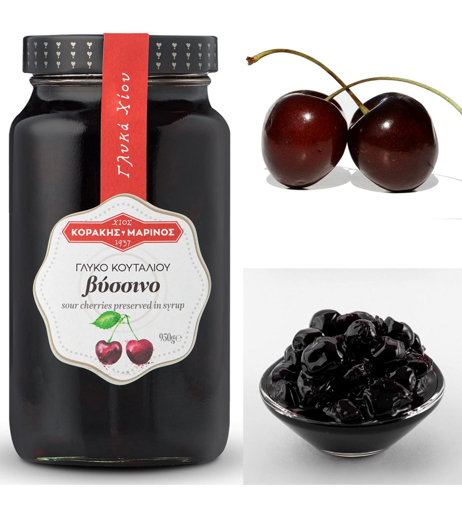 KORAKIS-MARINOS | Greek Sweet Fruit Preserve Sour Cherry in Syrup | Handmade Spoon Sweet Compote | Net Weight 950g Glass Jar - Buy Online on SooperMarket.com