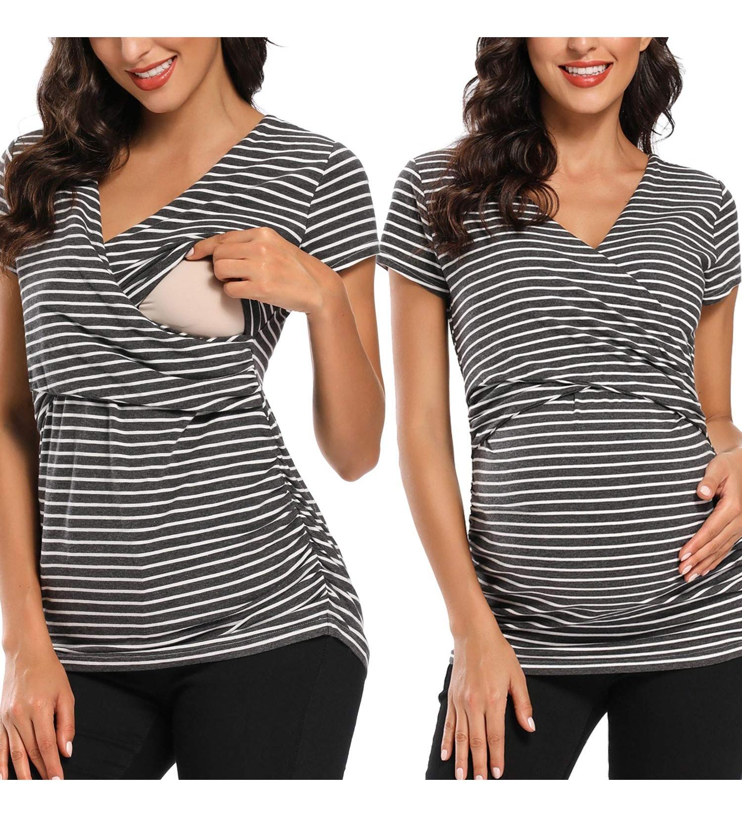 Love2Mi Maternity Nursing Shirt - Short Sleeve V-Neck Breastfeeding T-Shirt - Size L - Dark White Stripe - Buy Online on SooperMarket.com