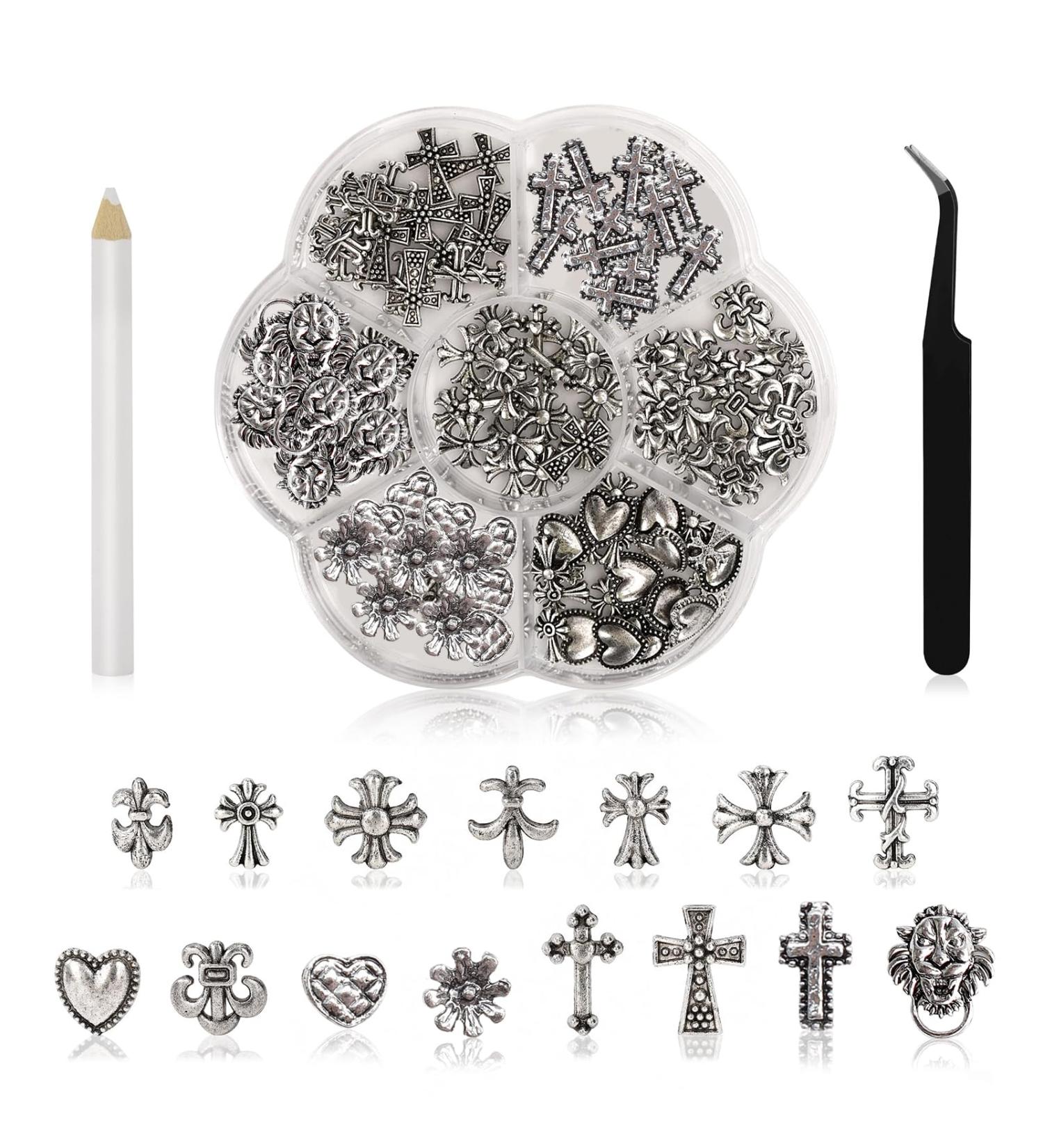 Ruzister 75-Piece 3D Nail Charts - Gothic Retro-Punk Metal Nail Art Charms - Silver Cross & Heart Decorations for Manicure - Buy Online on SooperMarket.com