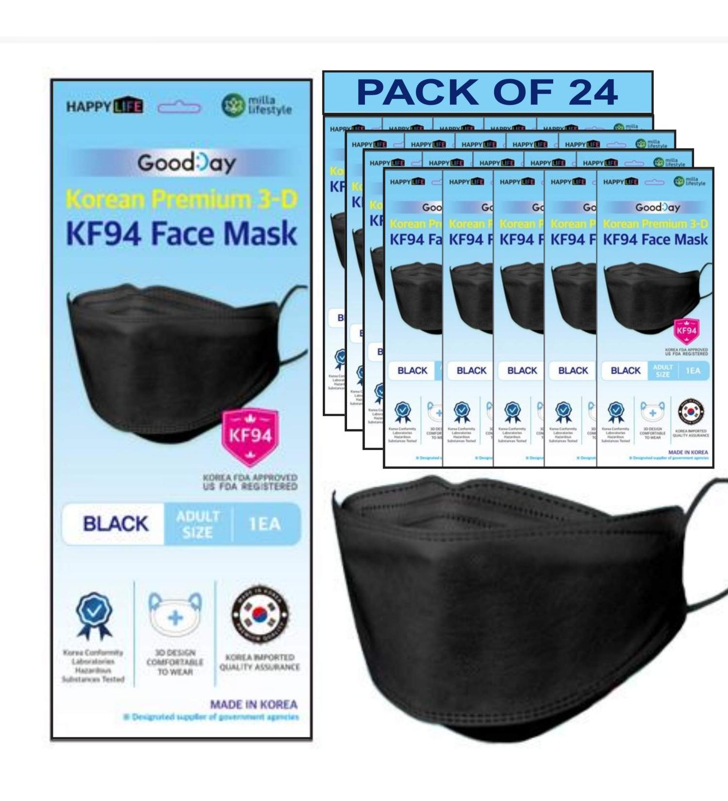 Happy Life Premium 3D Black KF94 Face Mask - Individual Pack (24) - Made in Korea - Buy Online on SooperMarket.com