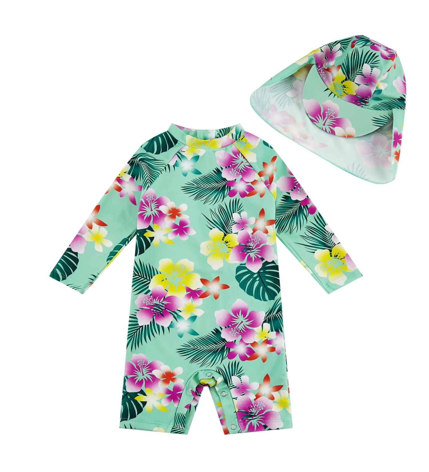 UPF 50+ Sun Protection Baby Girls Swimsuit with Snap Bottom | Green Flower | 18-24 Months - Buy Online on SooperMarket.com