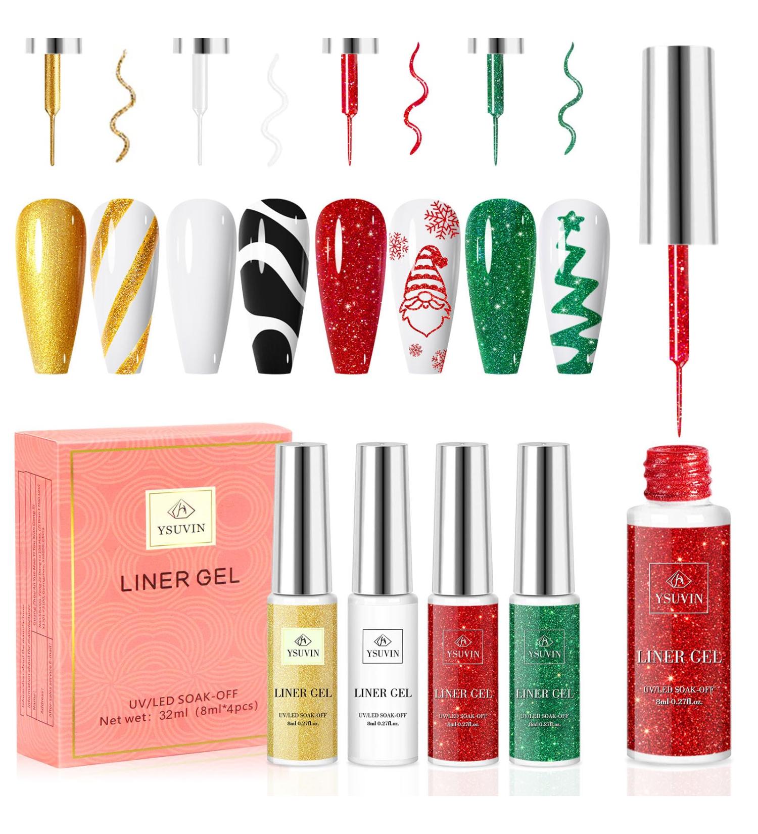Yueshop Christmas Nail Art Gel Liner Polishes Set - 4x 8ml White Gold Red Green Colors - Soak Off Collection with Thin Nail Art Brush Pen Tool - DIY Nail Art for Girls and Women - Buy Online on SooperMarket.com