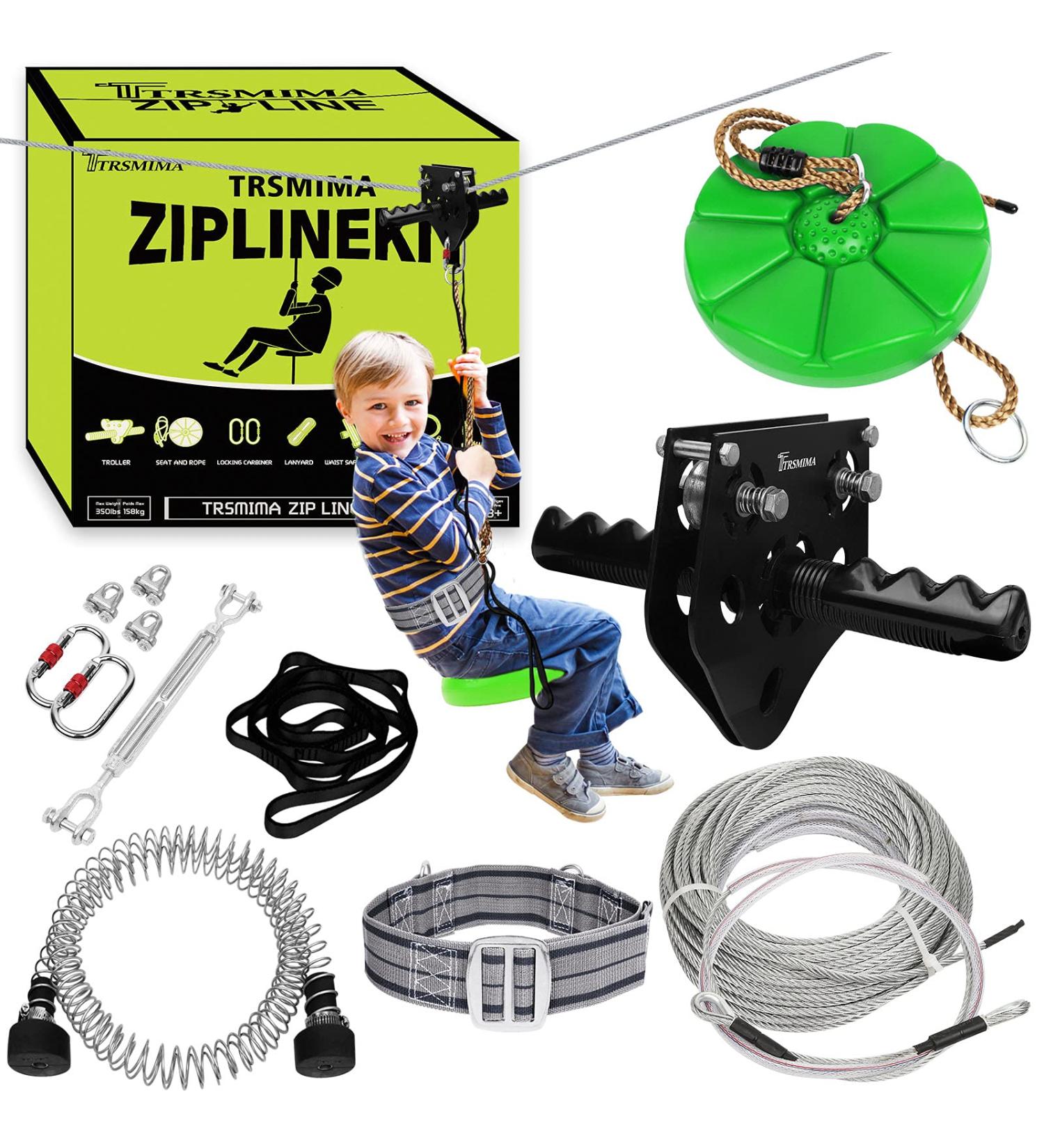 98ft Zip Line Kit for Kids & Adults up to 330lb | Zipline Spring Brake & Safety Harness | Trolley with Handle & Thickened Seat | Backyard Playground Entertainment - Green - Buy Online on SooperMarket.com