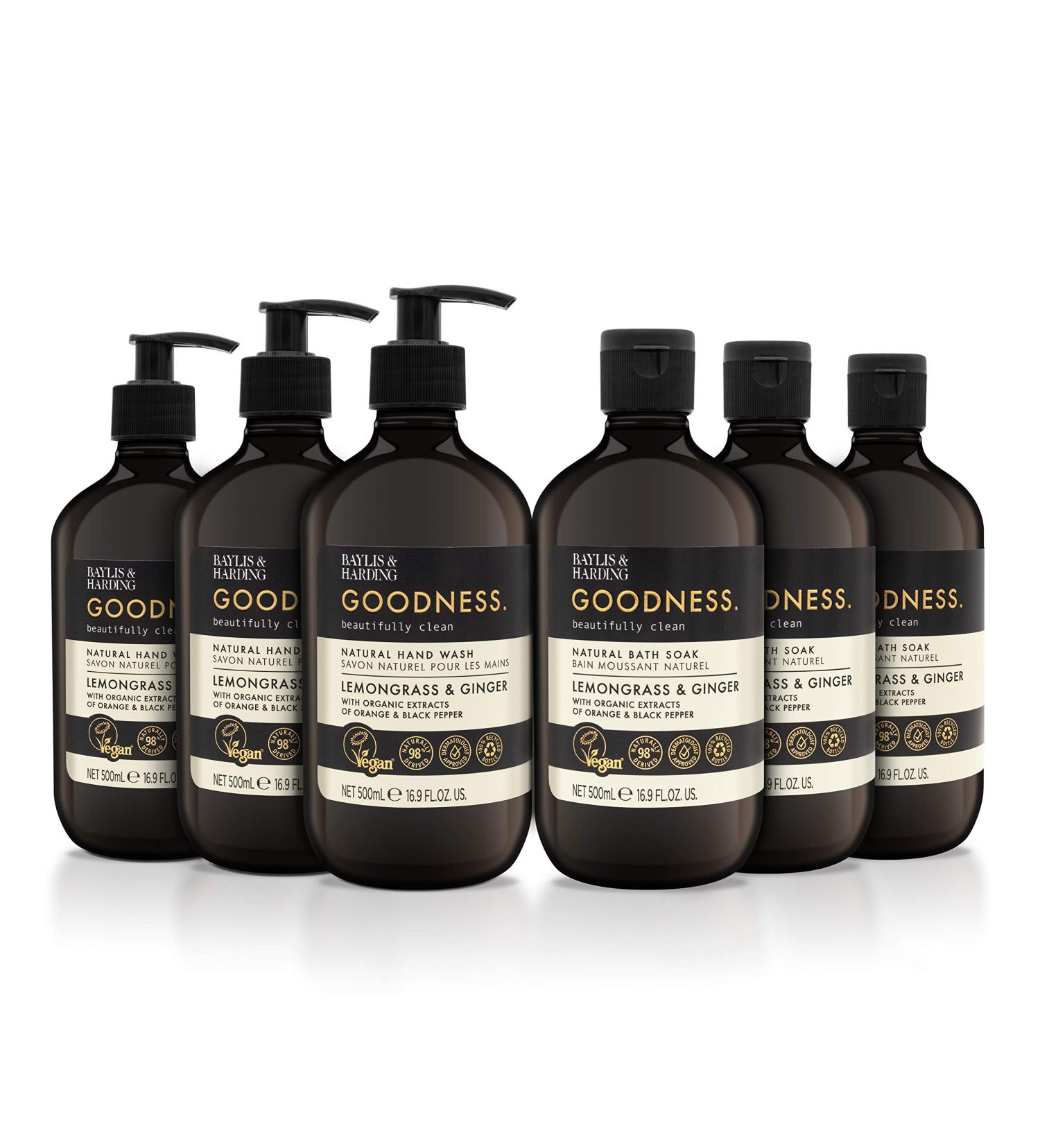 Baylis & Harding Goodness Lemongrass & Ginger Toiletries Bundle - 3 x 500 ml Hand Wash & Bath Soak (6 bottles) - Vegan Friendly - Buy Online on SooperMarket.com