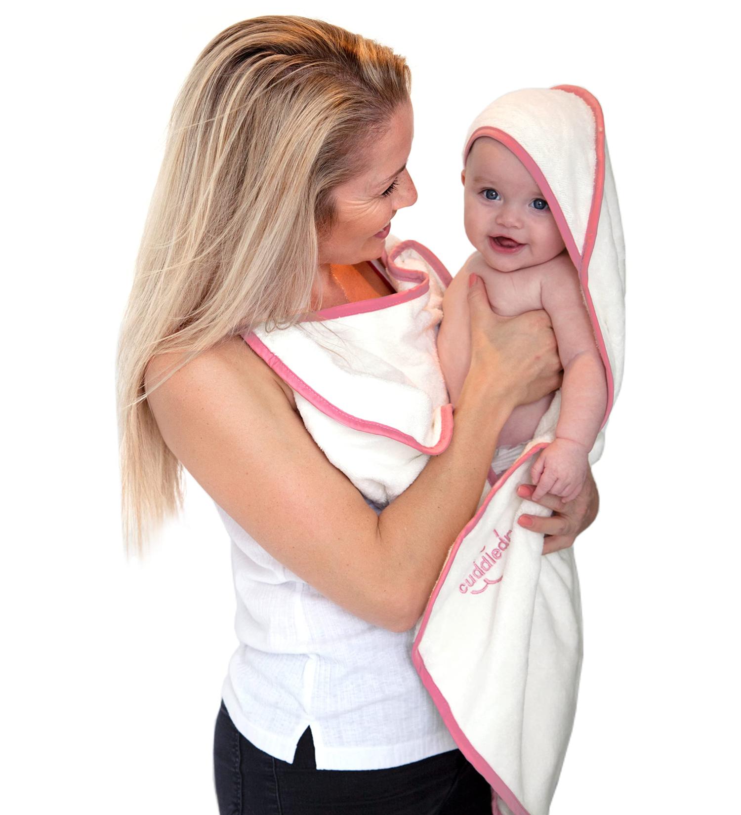 Cuddledry Hands Free Baby Bath Towel in Luxuriously Soft Bamboo & Cotton | Apron Style Hooded Towel for Safe and Easy Babies Bathtime | Perfect Newborn Gift | Pink Edging - Buy Online on SooperMarket.com