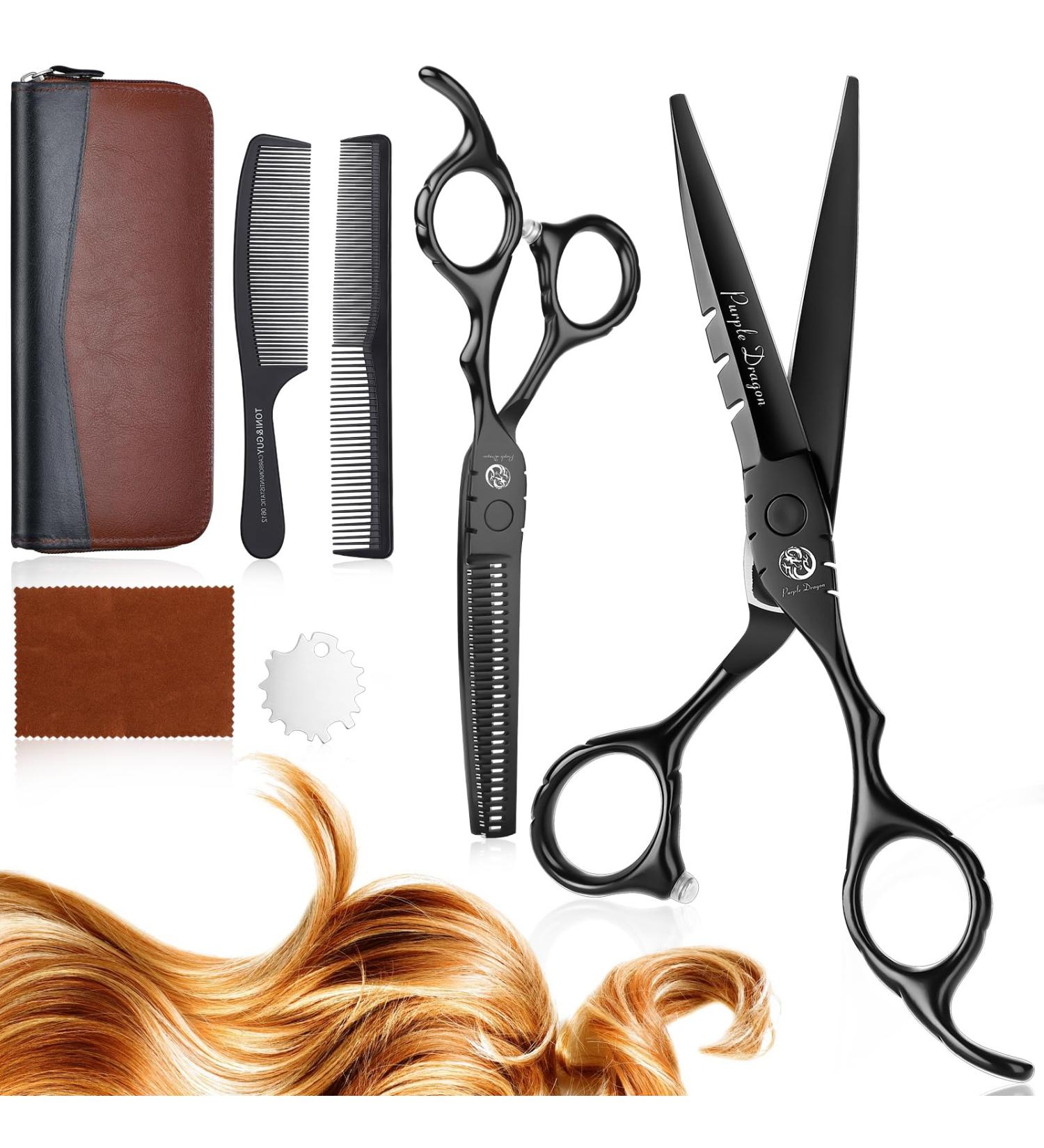 Purple Dragon Hairdressing Scissors Set 5.5 Inch Black Hair Cutting Scissors Set (Hair Scissors & Thinning Scissors) with 2 Combs Hair Beard Trimming Shaping Care for Men Women Family Barber - Buy Online on SooperMarket.com