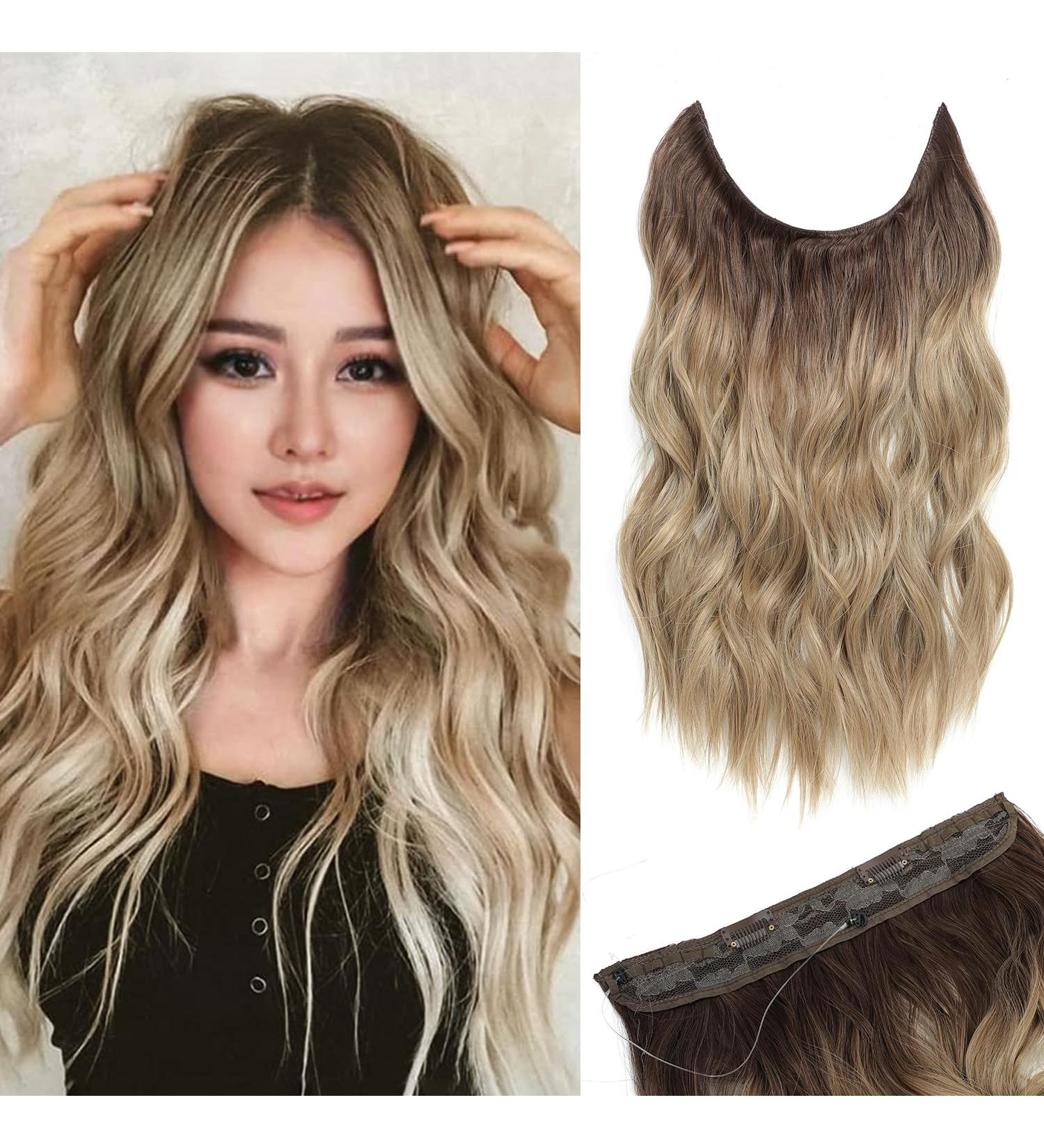 Invisible Wire Hair Extensions Clip in | Natural Wavy Synthetic Hair | Adjustable Size | Secure Clips | Long Curly Hair Pieces for Women | 20inch Ombre Dirty Blonde with Dark Root - Buy Online on SooperMarket.com