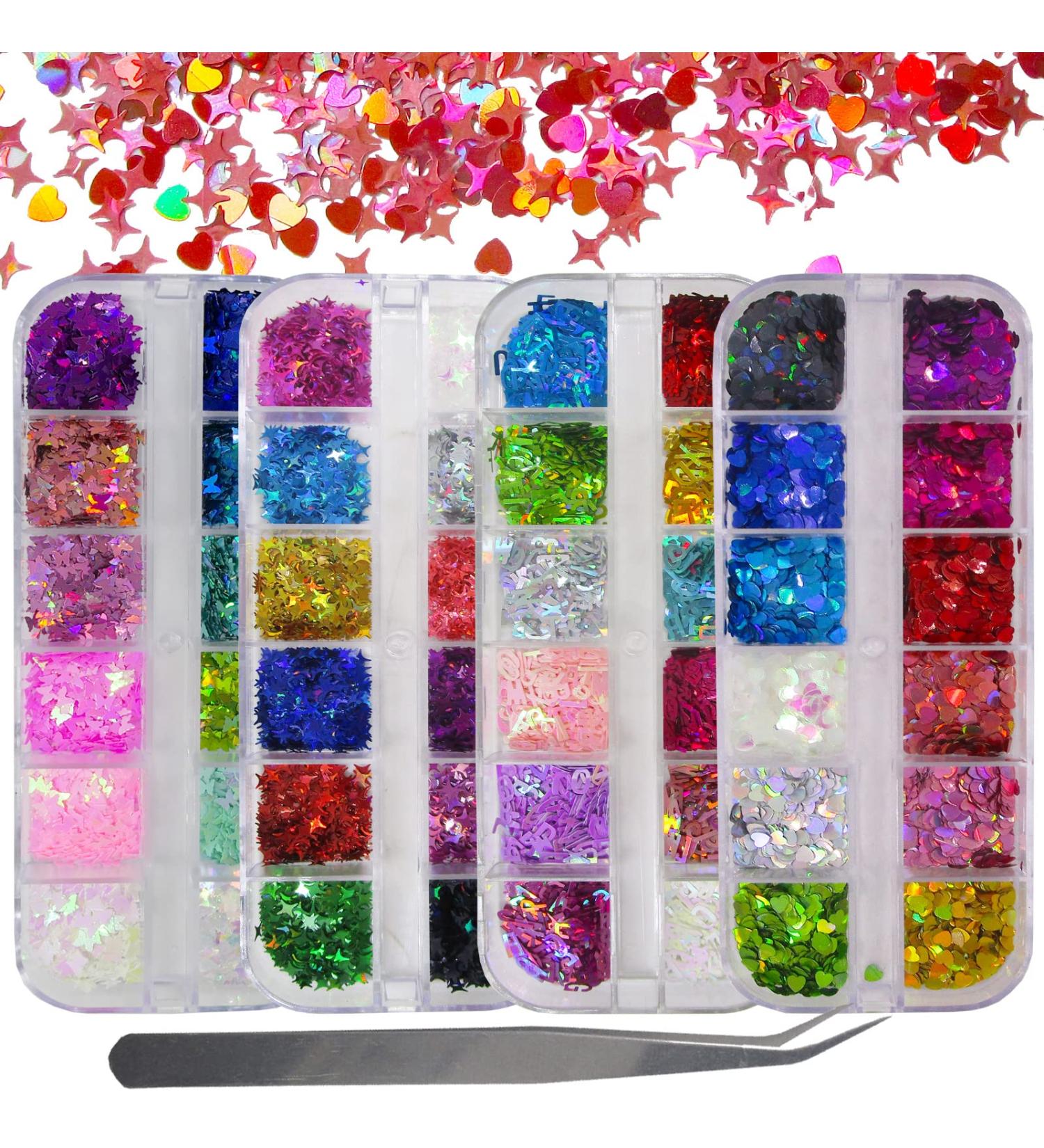 Holographic Nail Glitters Sequins Set - 4 Boxes | Butterfly, Heart, Alphabet, Star | Chunky Flakes for Nail Art, Craft, Makeup - Mixed Colors - Buy Online on SooperMarket.com