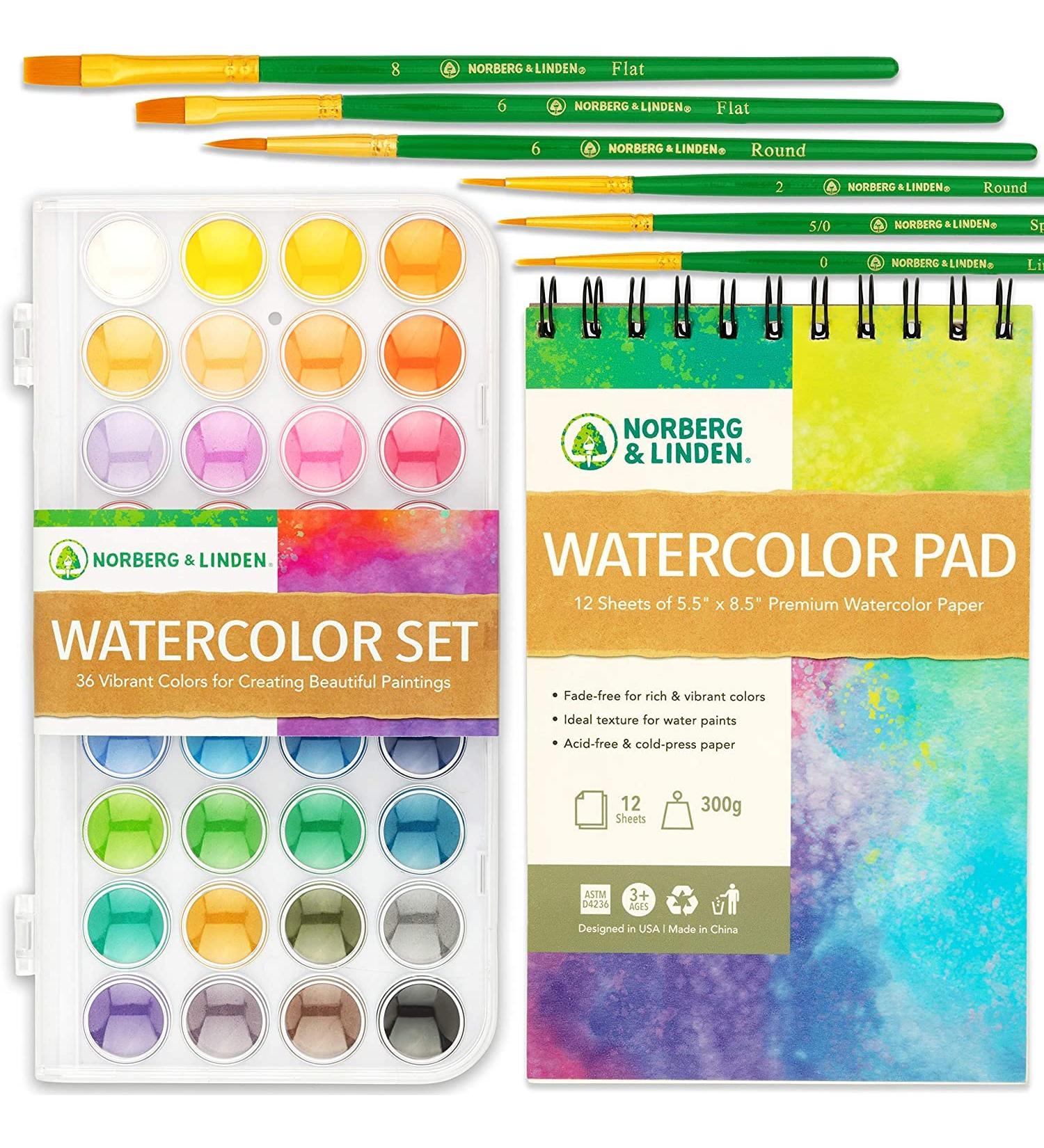 Norberg & Linden Watercolor Paint Set - 36 Premium Paints, 12 Page Pad, 6 Brushes - Painting Supplies with Palette - Watercolors, Art Pad Paper, and Artist Brushes_MG - Buy Online on SooperMarket.com