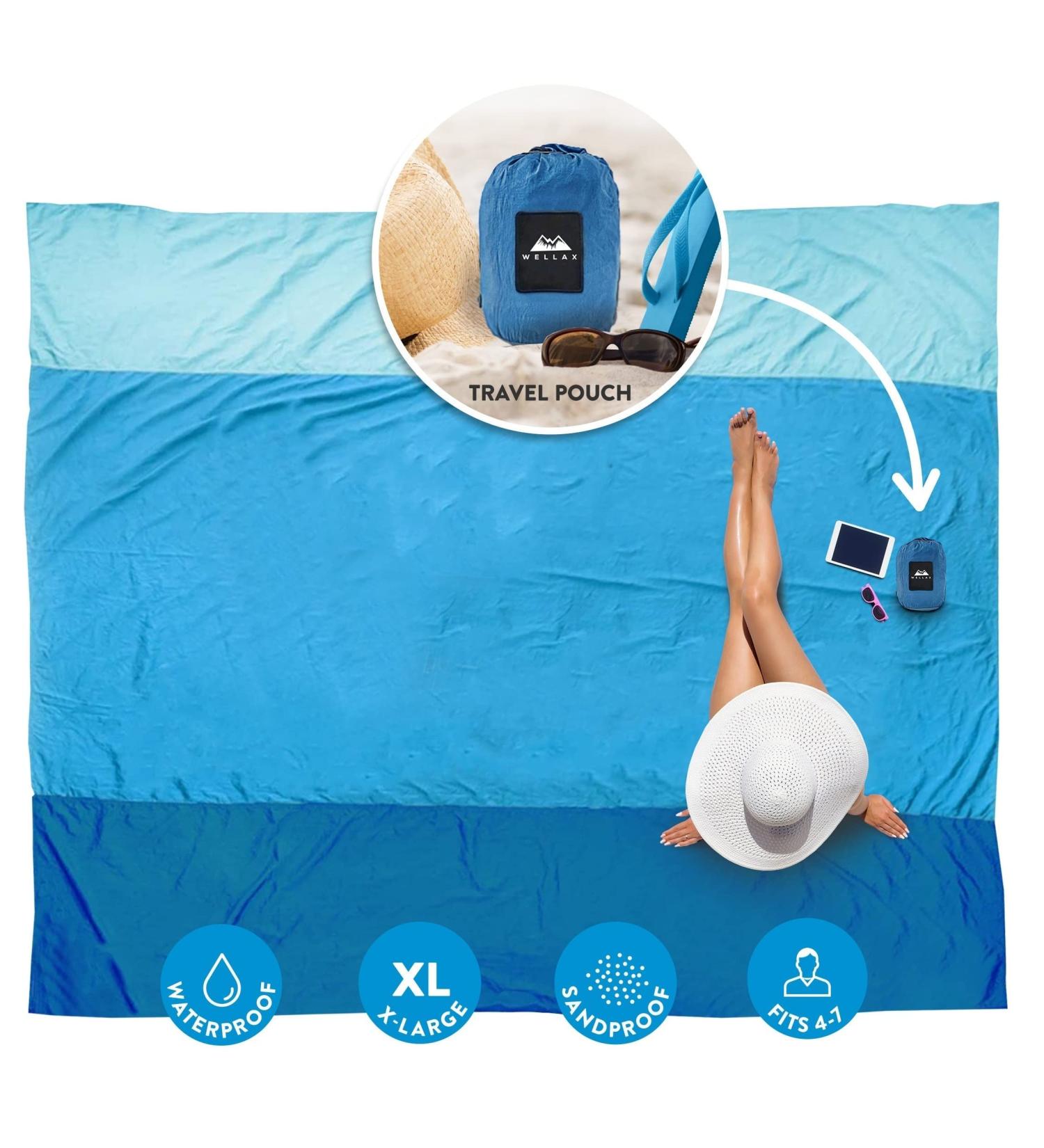 WELLAX Beach Blanket 9x10 Ft - Waterproof, Sandproof, Lightweight Mat for 8 Persons - Quick Drying, Durable, 8 Pockets, 4 Stakes - Great for Picnic, Camping, Travel - Blue - Buy Online on SooperMarket.com