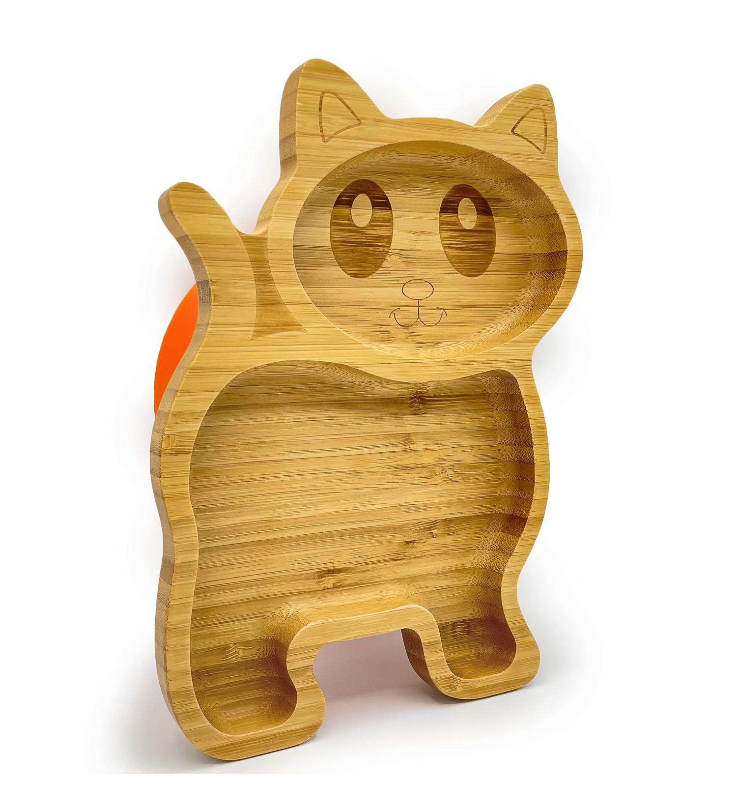 Eco-Friendly Bamboo Kitten Plate | Suction Cup Toddler Plate for Baby Led Weaning | Non-Toxic & Cool-to-Touch | Orange Cat Design - Buy Online on SooperMarket.com