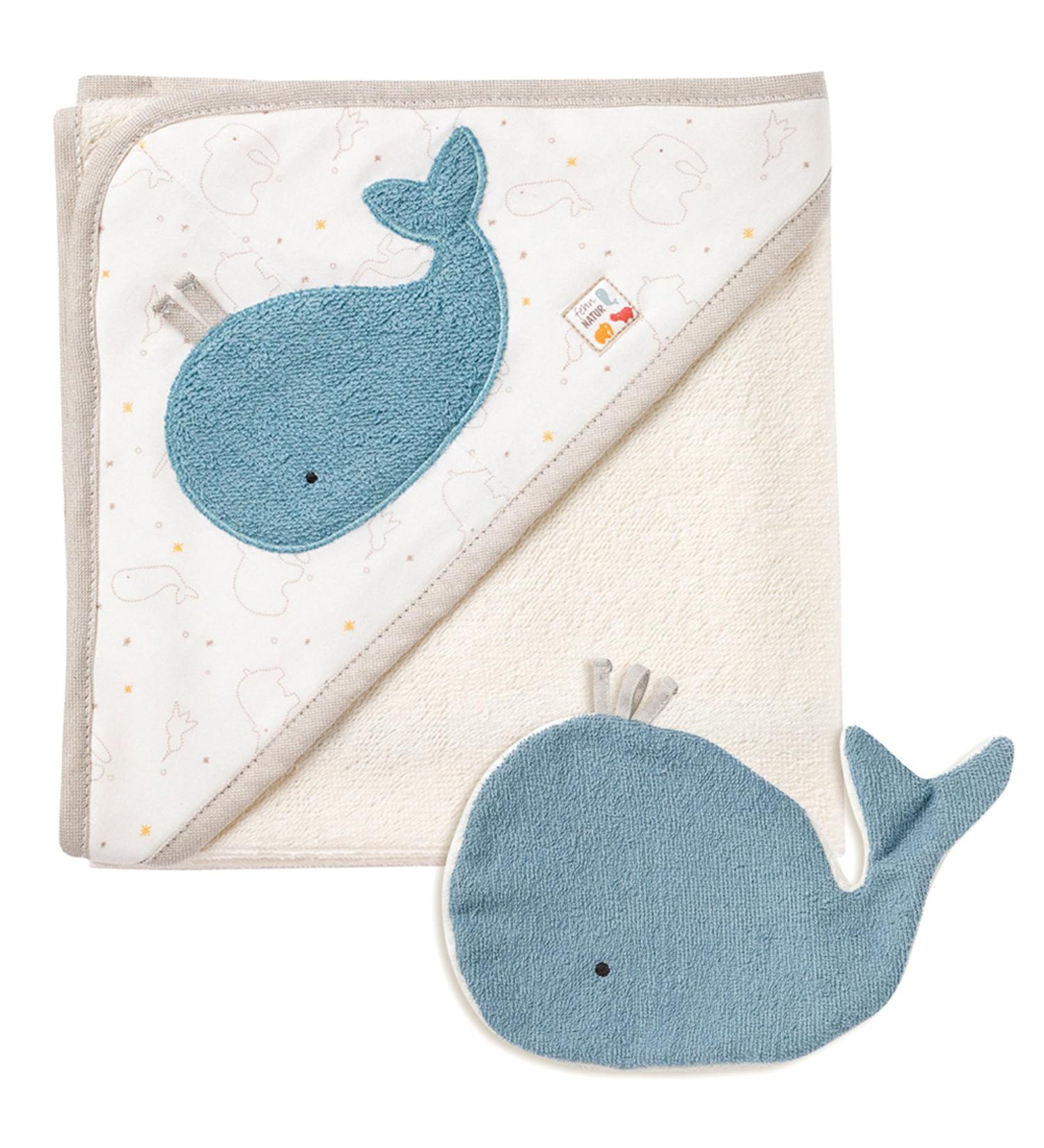 Fehn Baby Whale Bath Towel & Washing Glove Set - Organic Cotton Hooded Towel for Babies & Toddlers 0+ Months - Cute Whale Design Poncho - Buy Online on SooperMarket.com