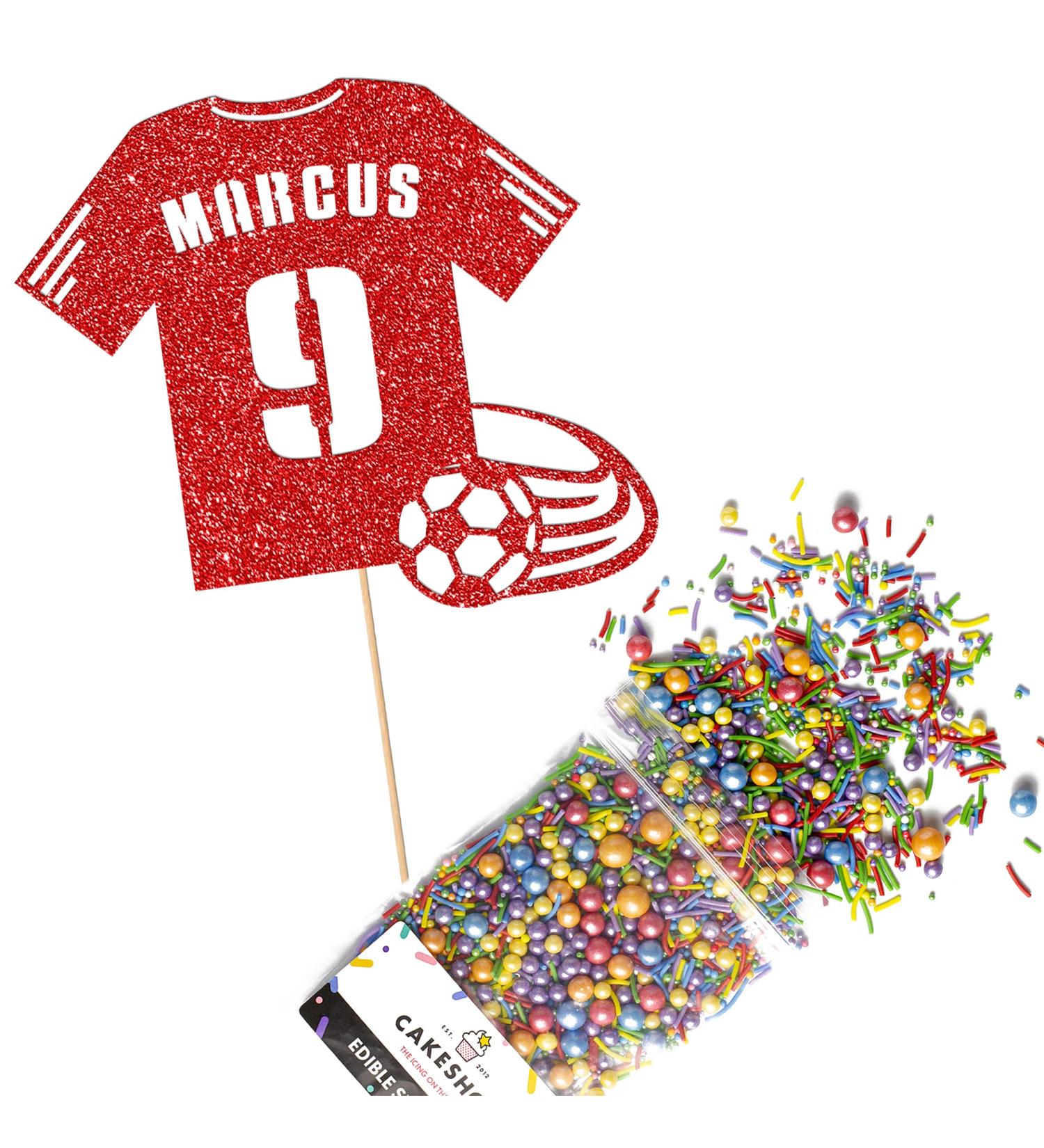 Cakeshop Cake Decoration Pack | Football Shirt Birthday Premium Double Sided Glitter Card Cake Topper & 25g Party Pack of Cake Sugar Sprinkles | Custom Name & Age Cake Decoration (Red) Non-Prime Glitter Card: Red - Buy Online on SooperMarket.com