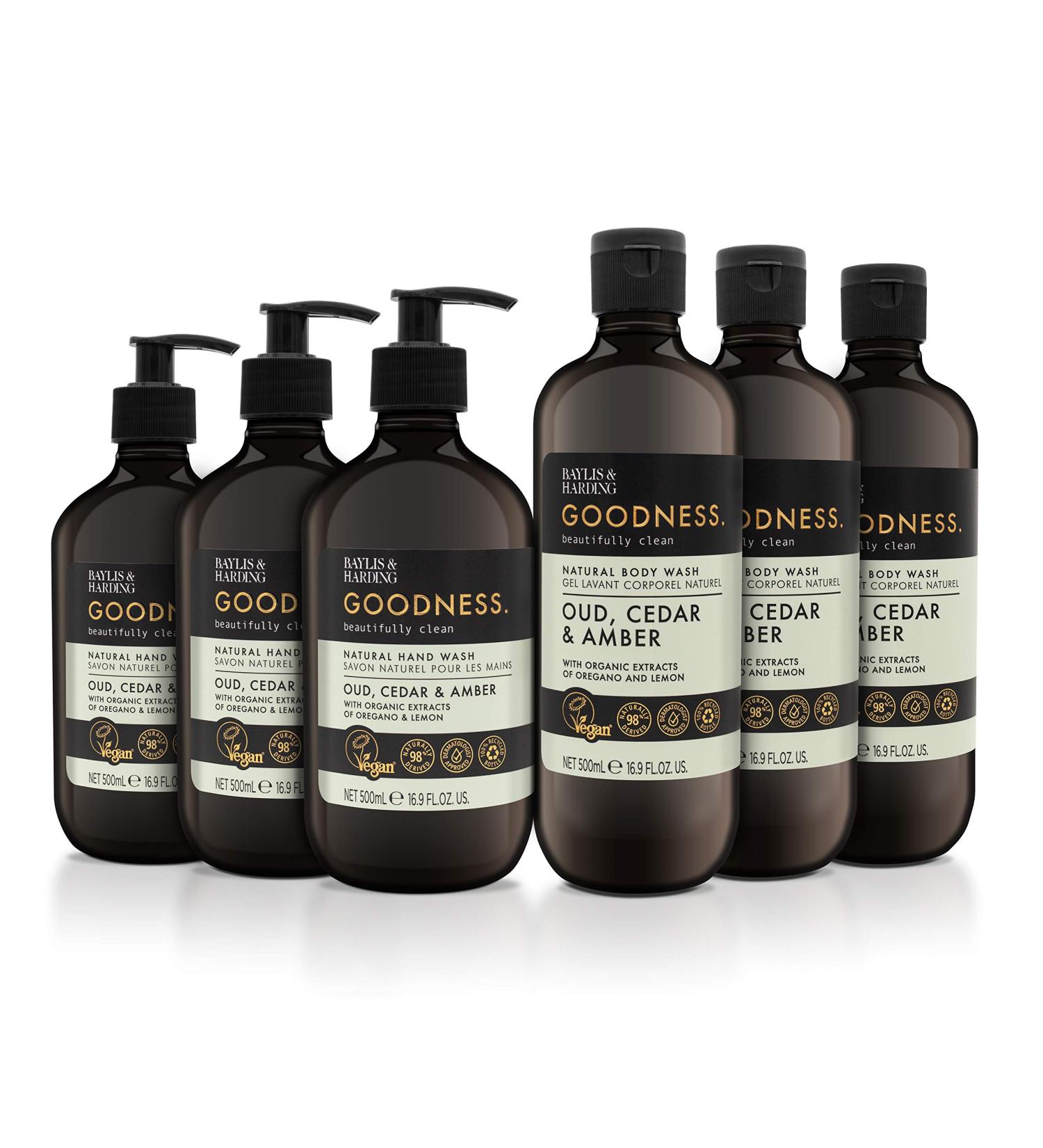 Baylis & Harding Oud Cedar & Amber Toiletries Bundle - 6x500ml Hand Wash & Body Wash Set | Vegan-Friendly - Buy Online on SooperMarket.com